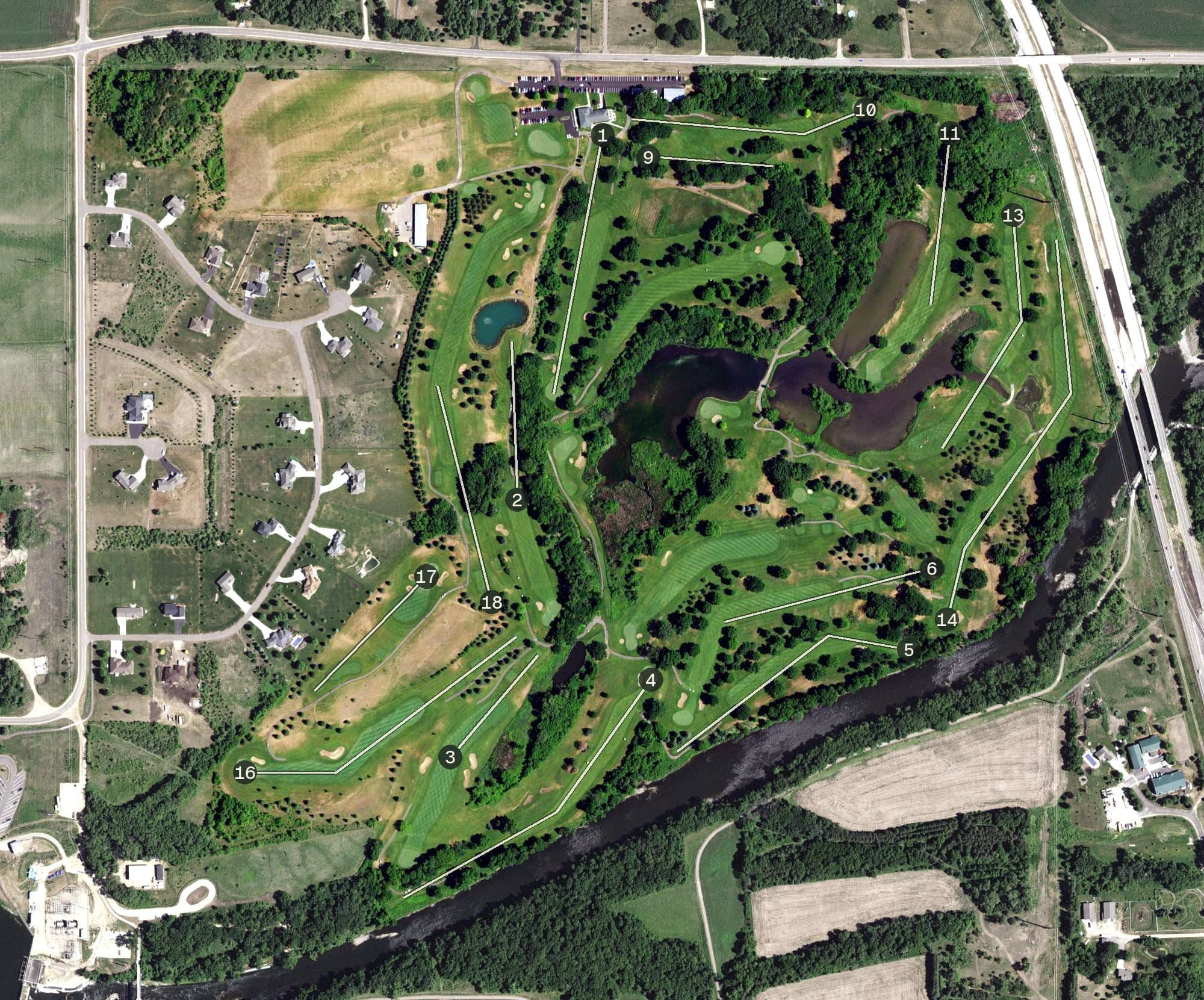 Aerial view of Cannon Golf Club, MN, with its hole routing marked