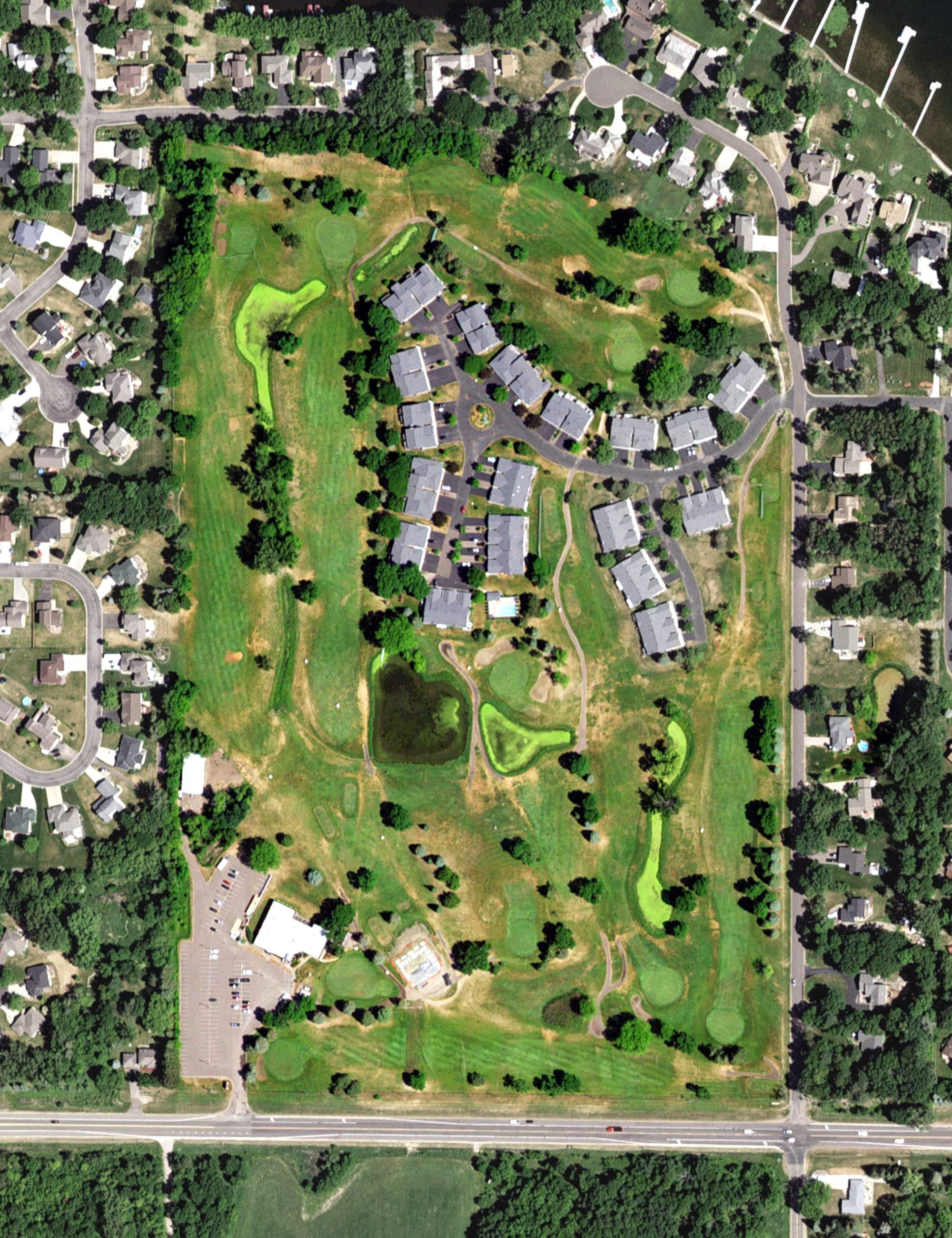 Aerial view of Castlewood Golf Course, MN, with its hole routing marked