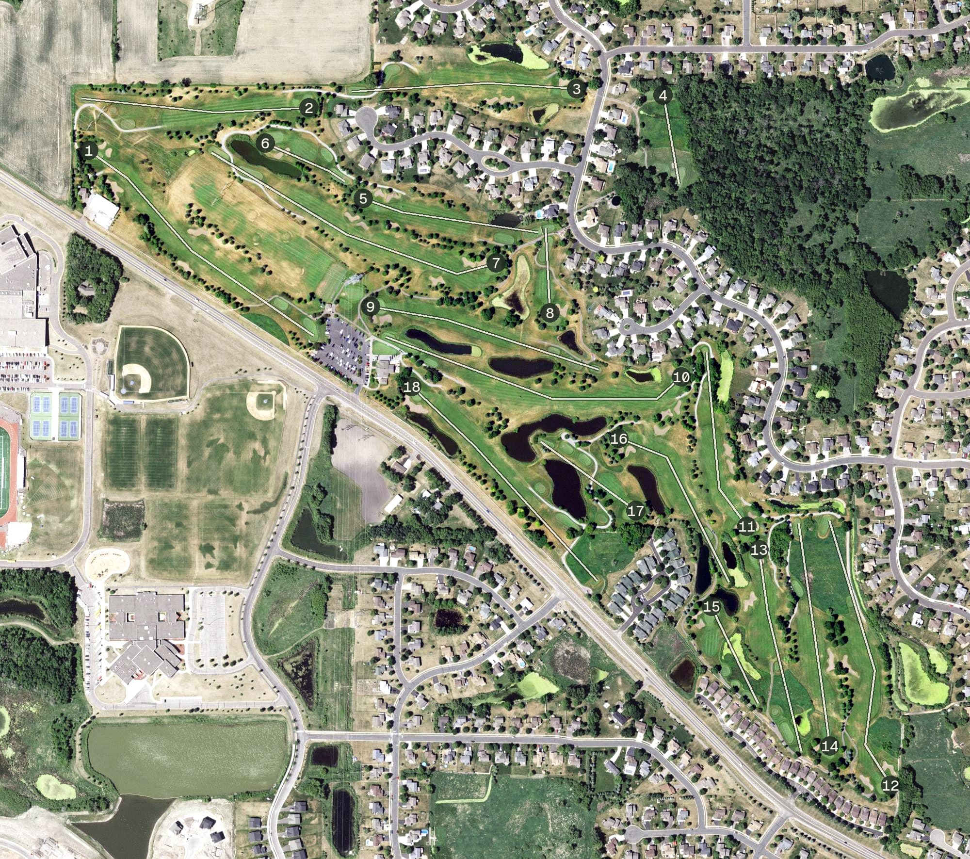 Aerial view of Cedar Creek Golf Course, MN, with its hole routing marked