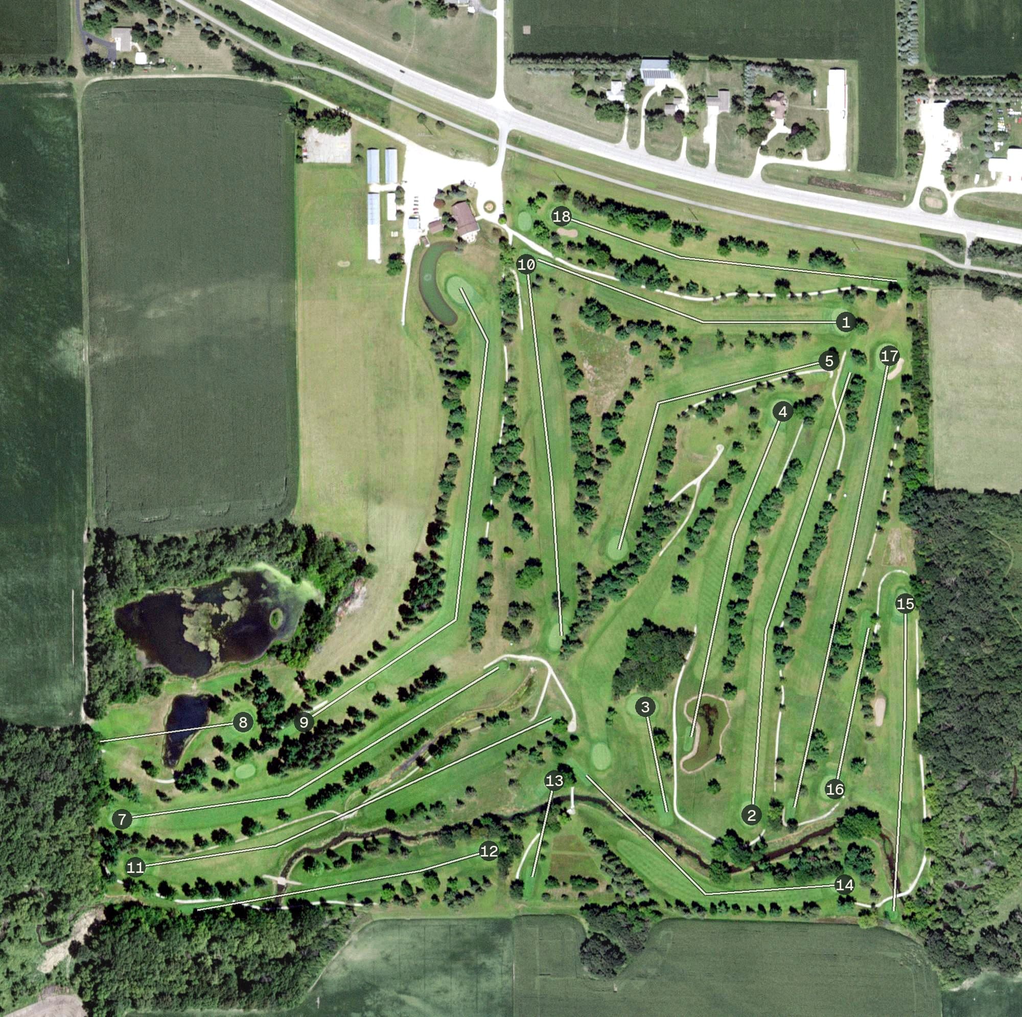 Aerial view of Cedar River Golf Course, MN, with its hole routing marked