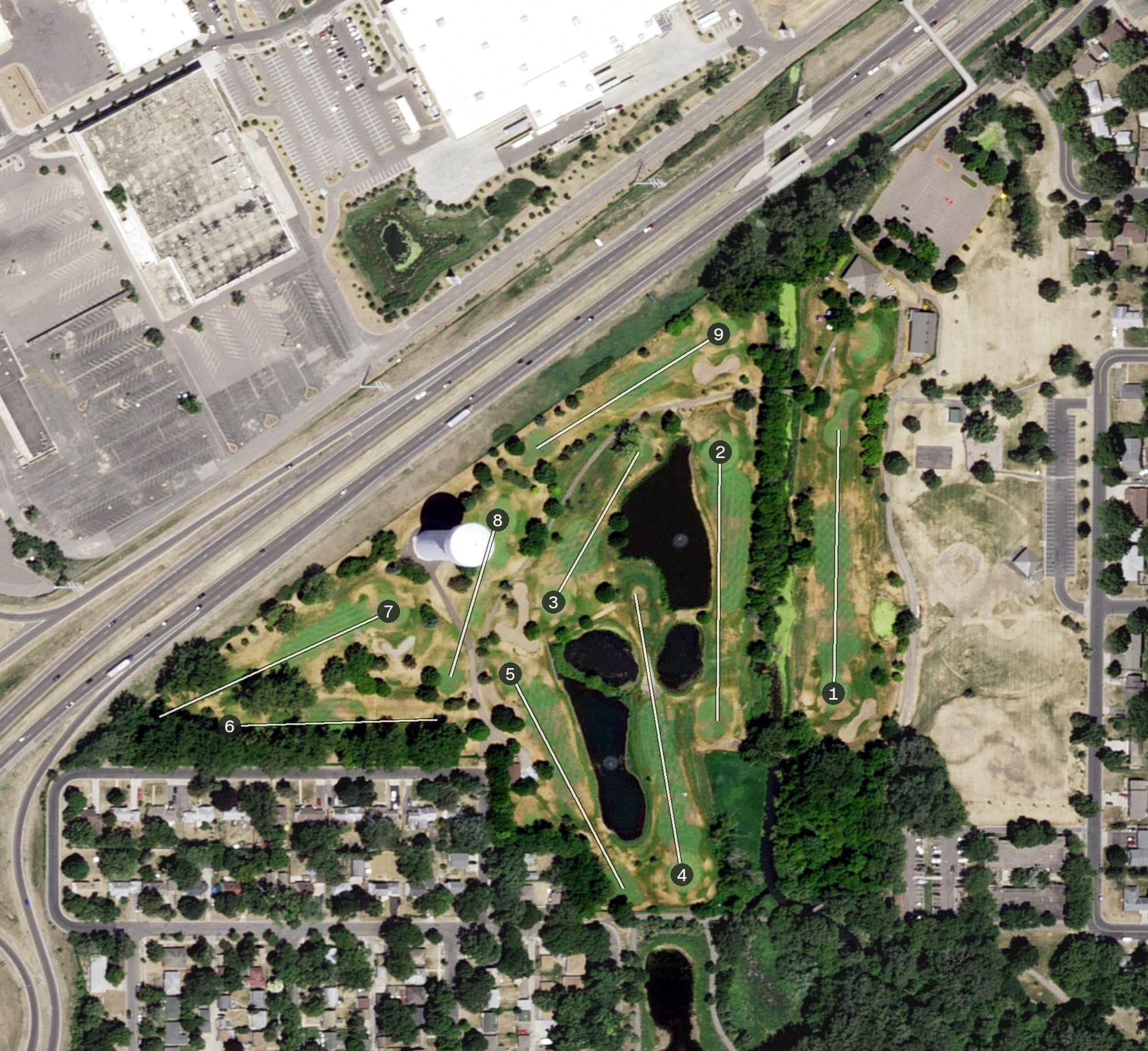 Aerial view of Centerbrook Golf Course, MN, with its hole routing marked