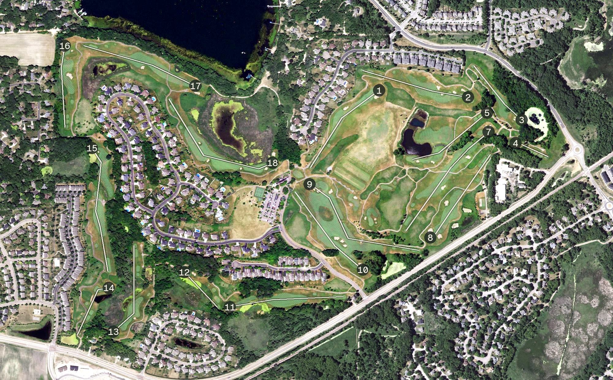 Aerial view of Chaska Town Course, MN, with its hole routing marked