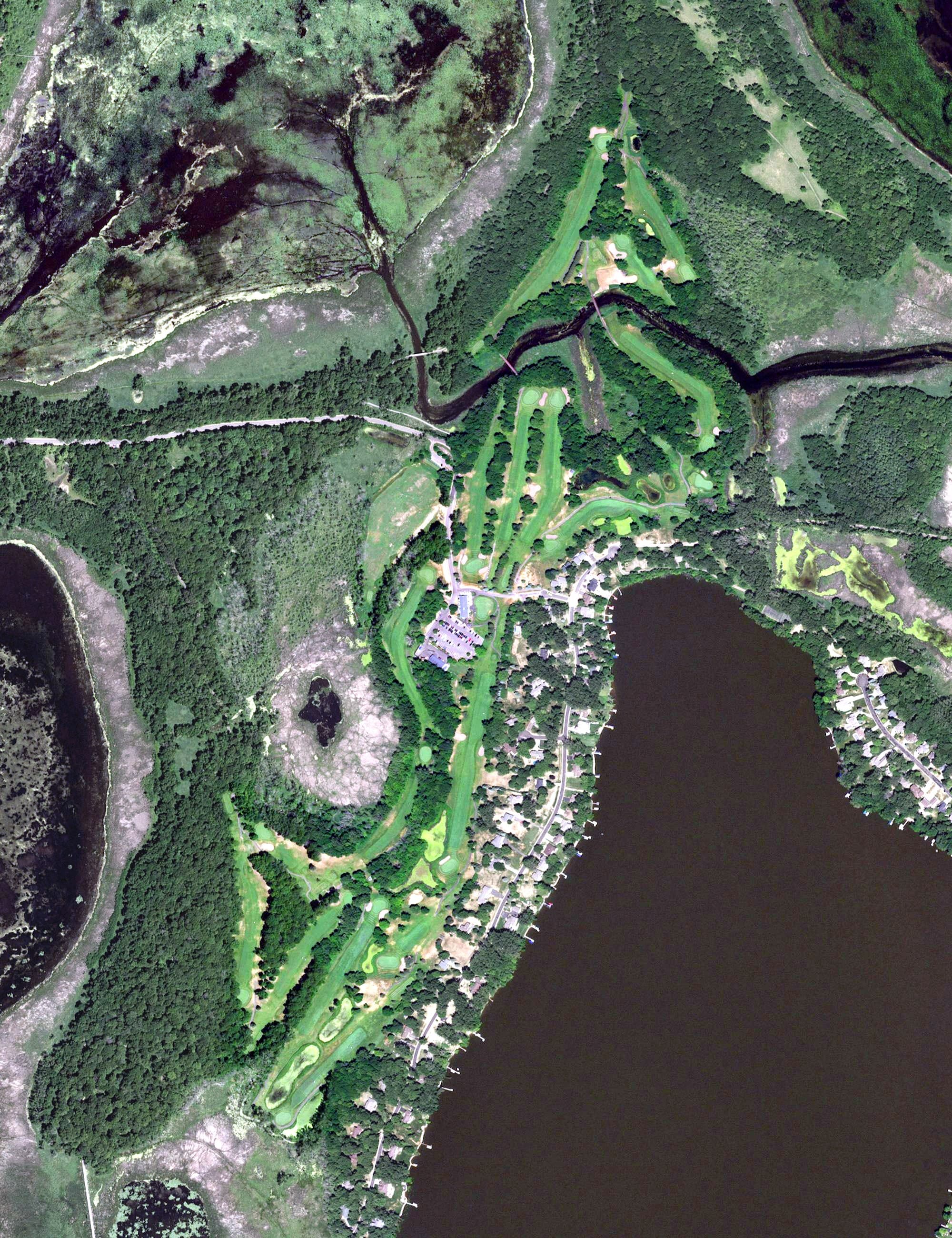 Aerial view of Chomonix Golf Course, MN, with its hole routing marked