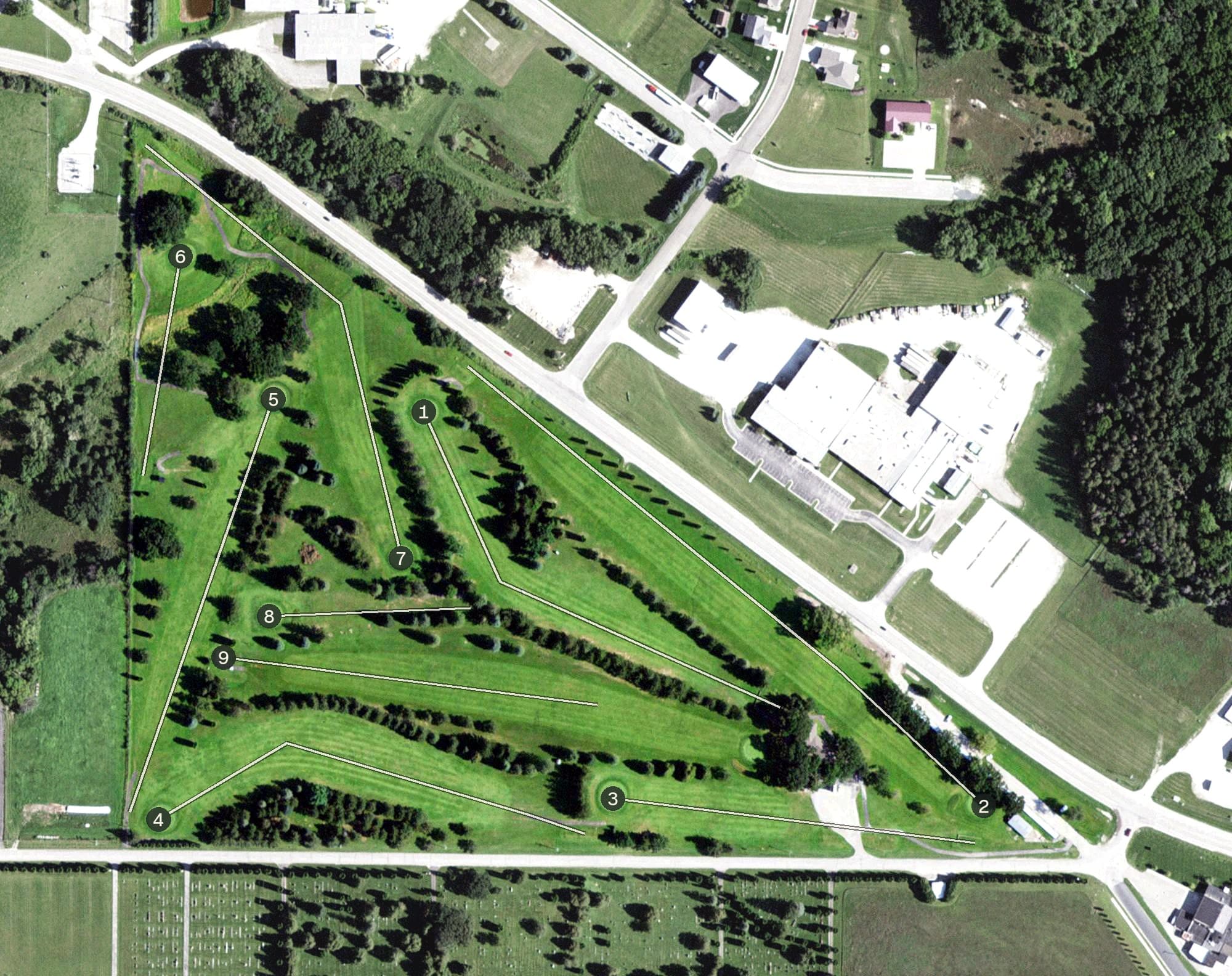 Aerial view of Chosen Valley Golf Club, MN, with its hole routing marked