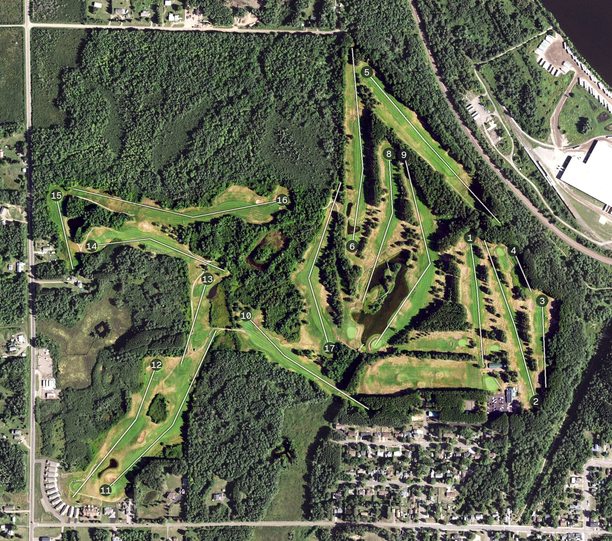 Aerial view of Cloquet Country Club, MN, with its hole routing marked