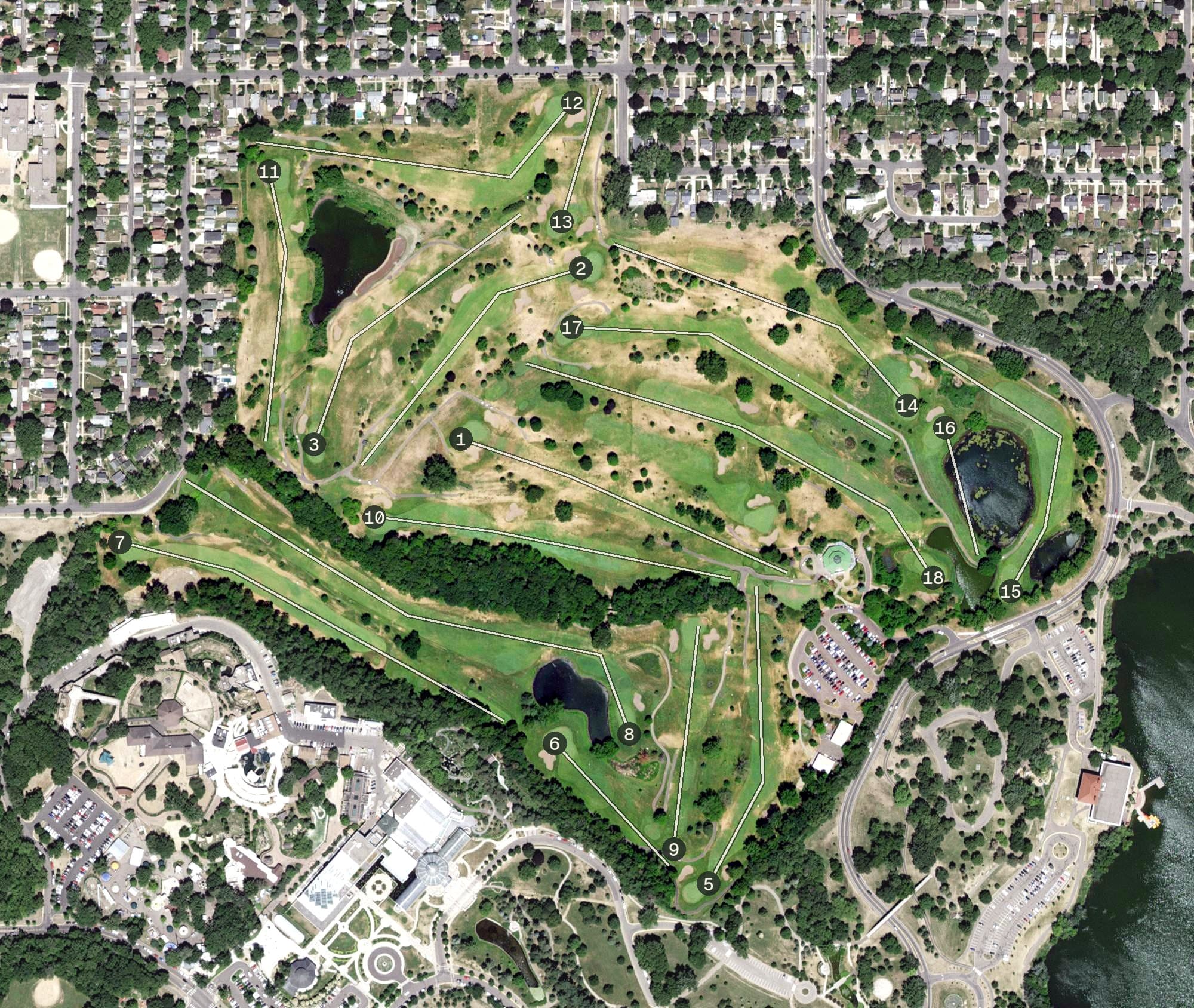 Aerial view of Como Park Golf Course, MN, with its hole routing marked