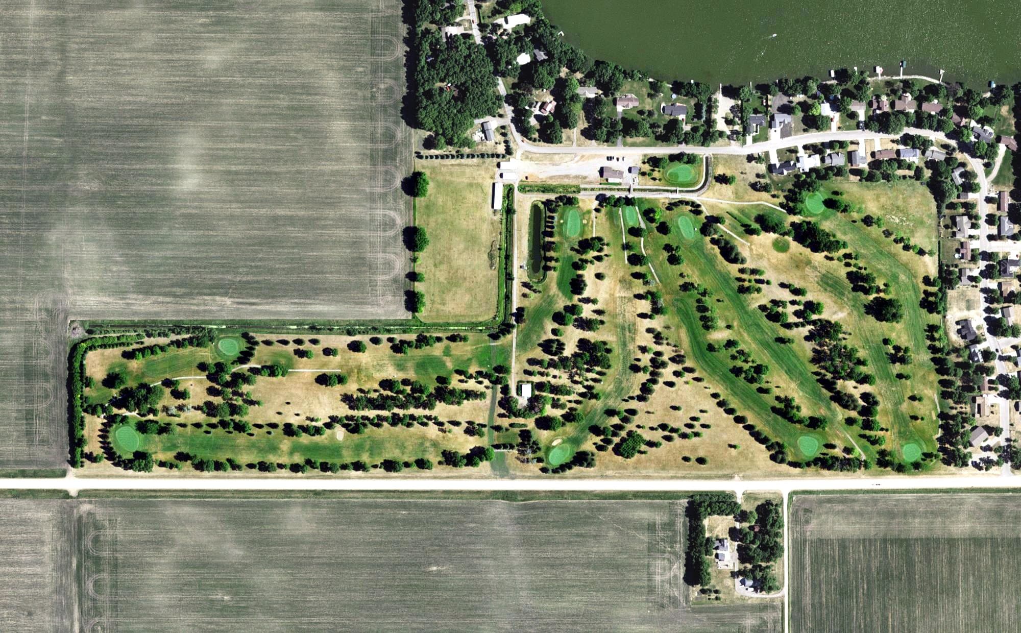 Aerial view of Cottonwood Country Club, MN, with its hole routing marked