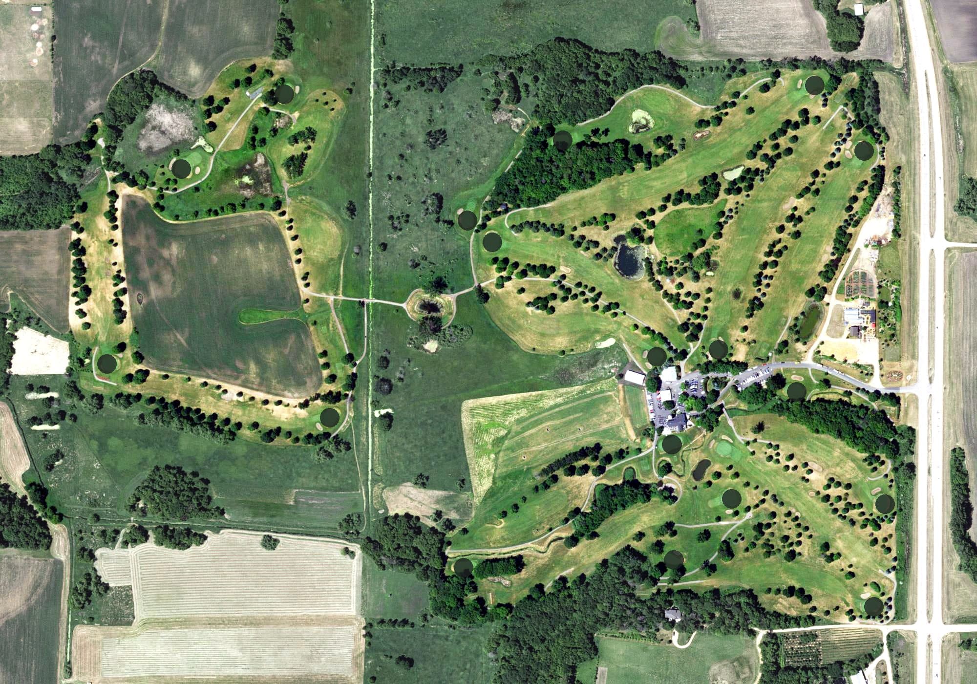 Aerial view of Creeksbend Golf Course, MN, with its hole routing marked