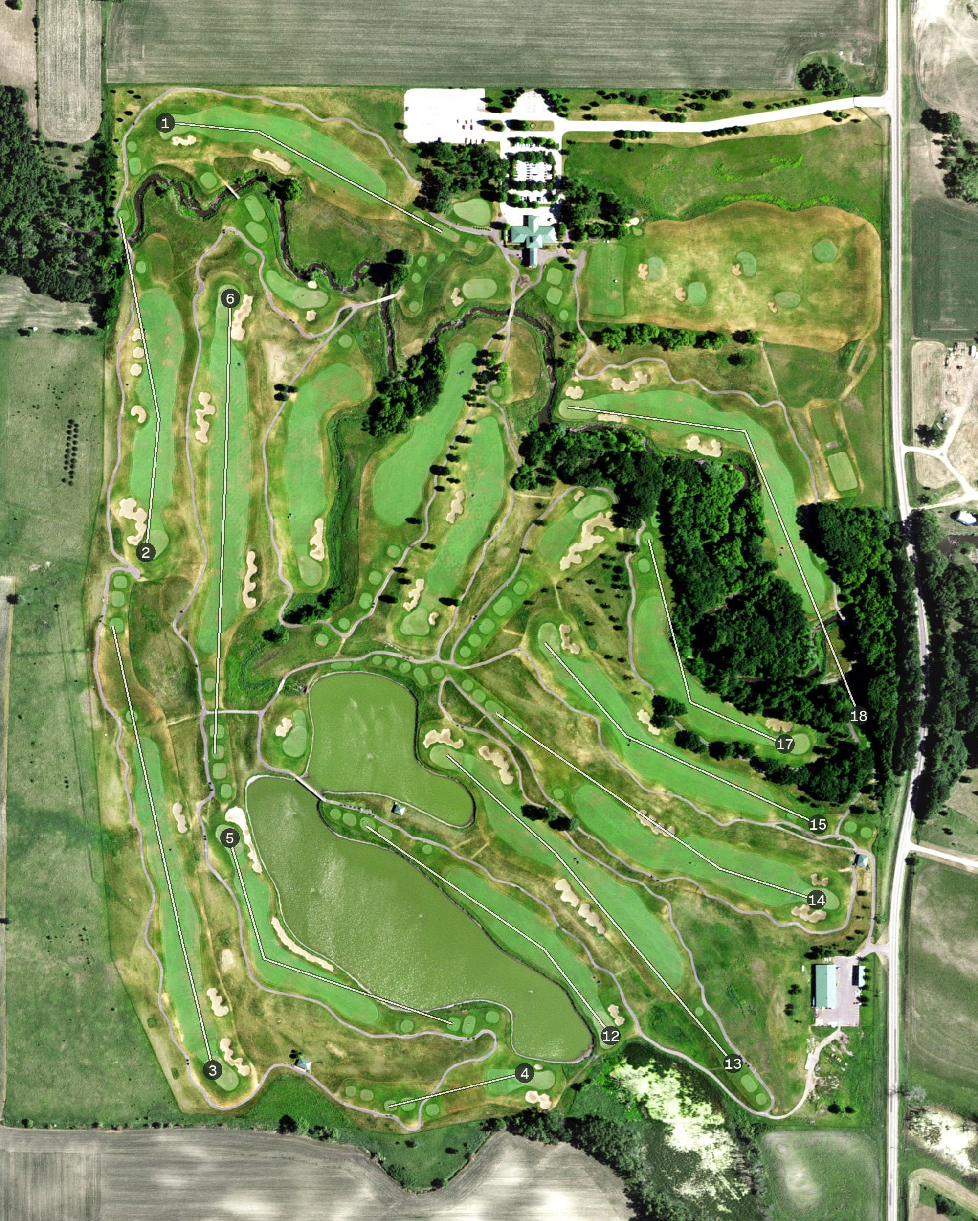 Aerial view of Dacotah Ridge Golf Club, MN, with its hole routing marked