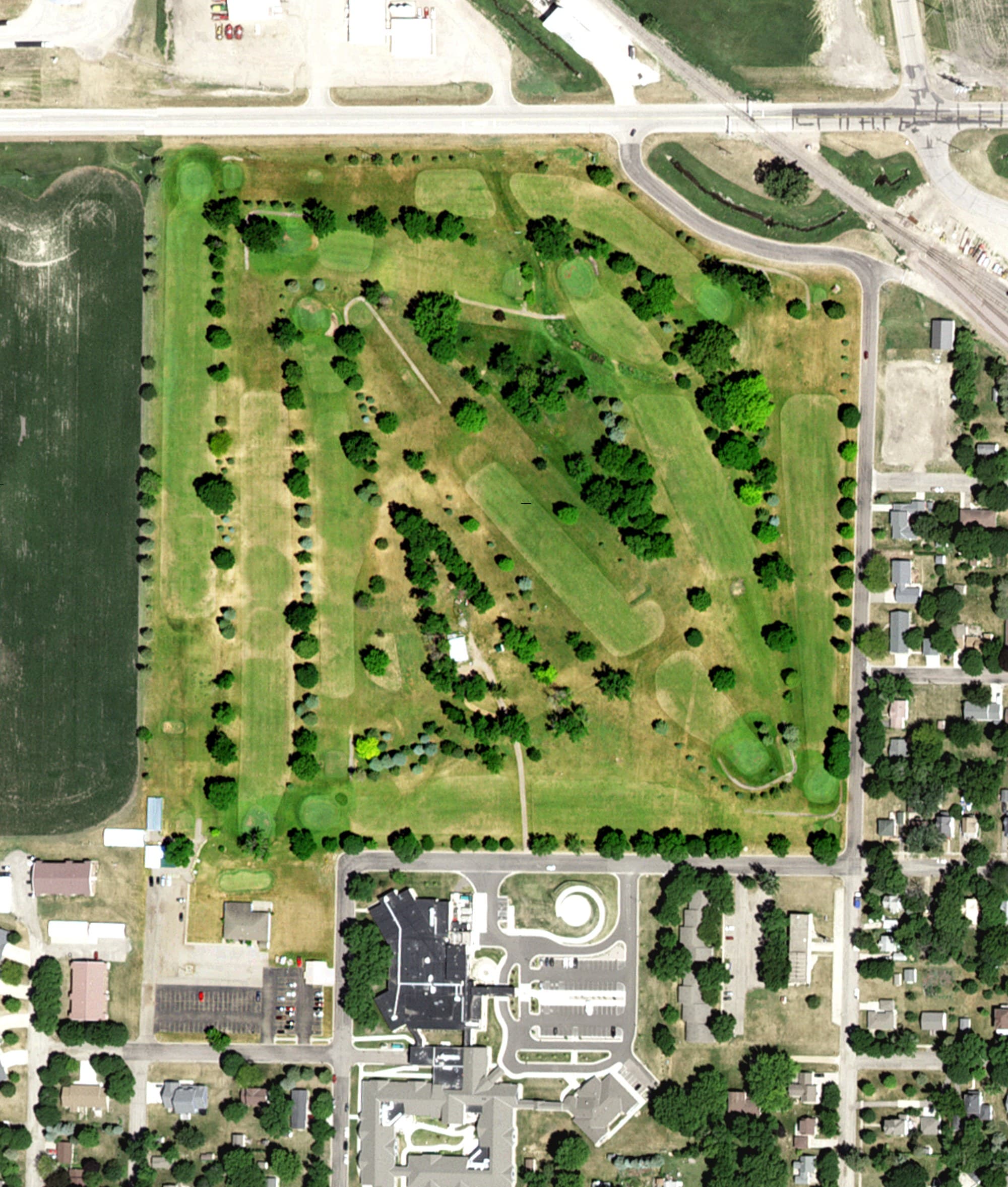 Aerial view of Dawson Golf Course, MN, with its hole routing marked