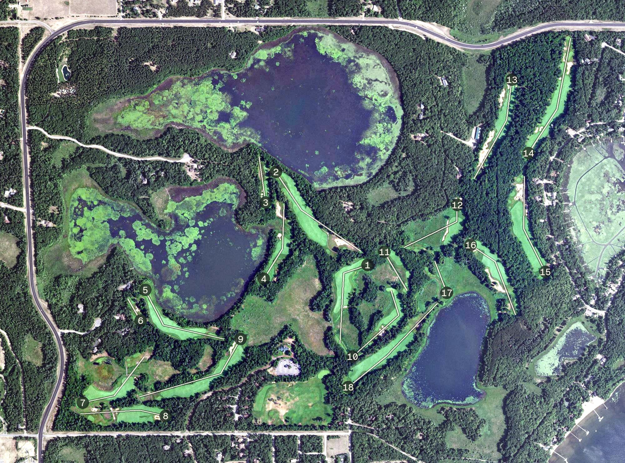 Aerial view of Deacon's Lodge, MN, with its hole routing marked
