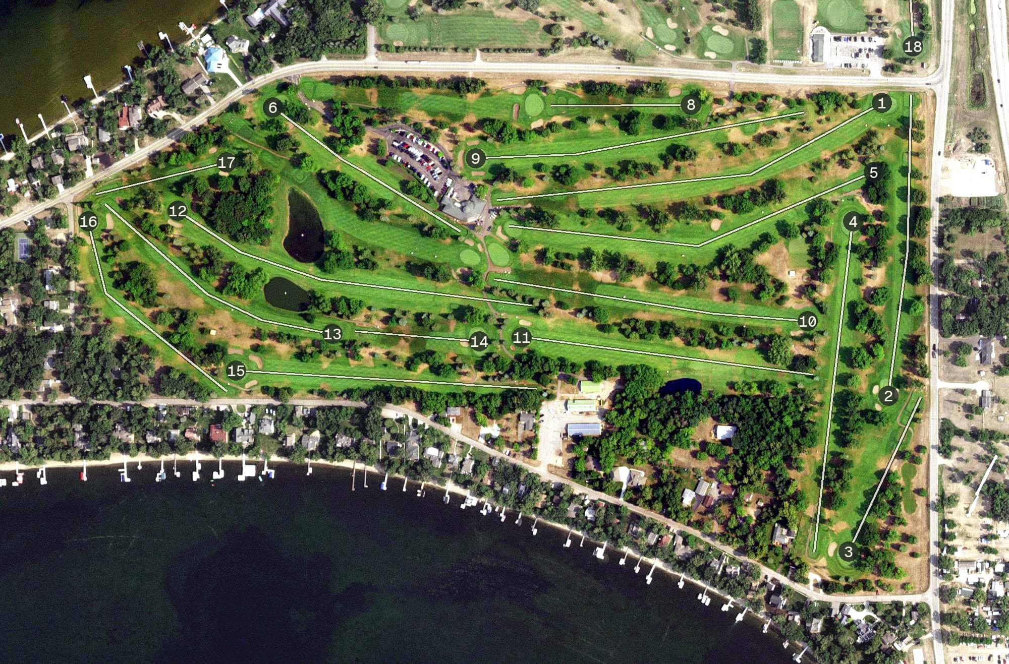 Aerial view of Detroit Country Club, MN, with its hole routing marked