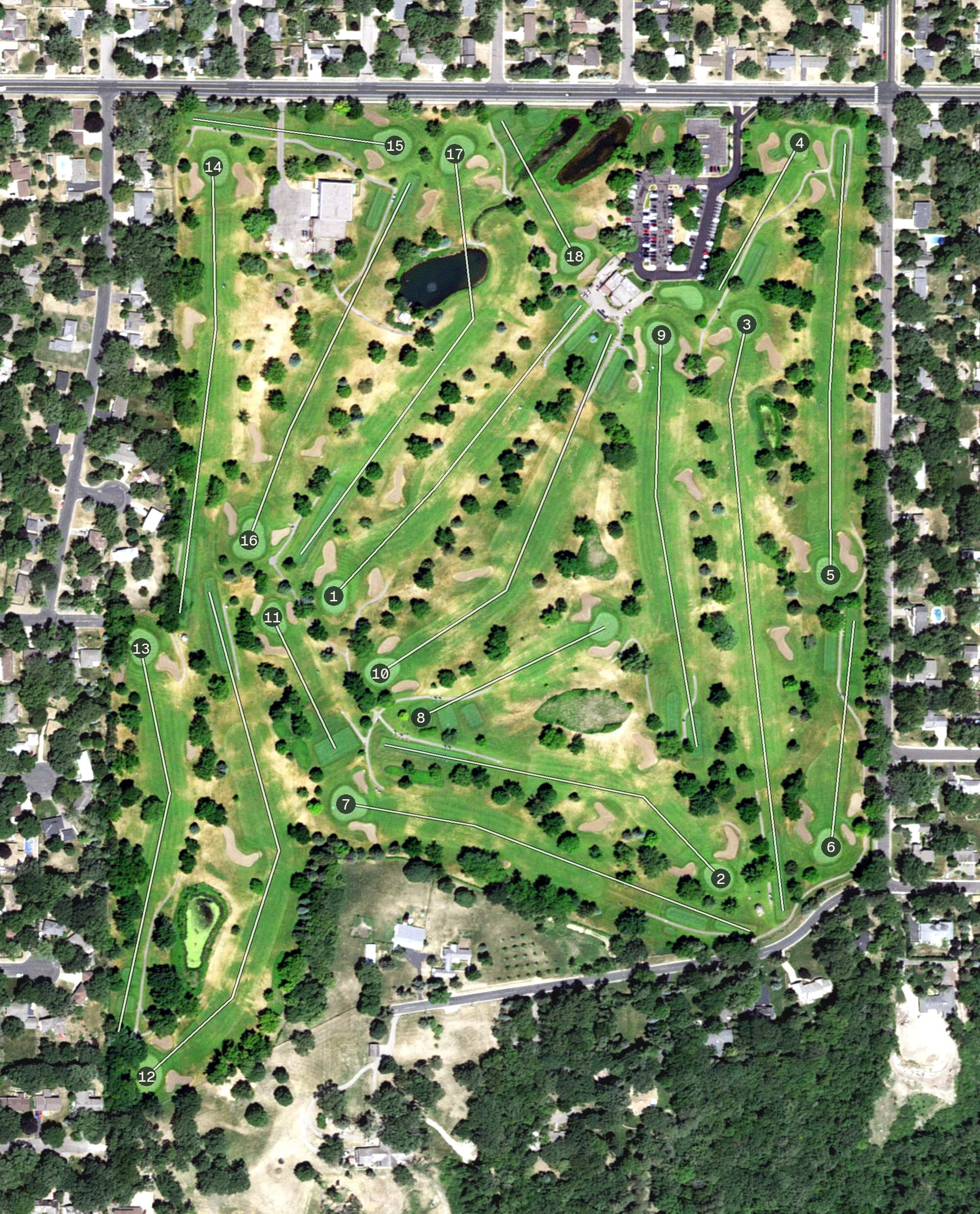 Aerial view of Dwan Golf Course, MN, with its hole routing marked