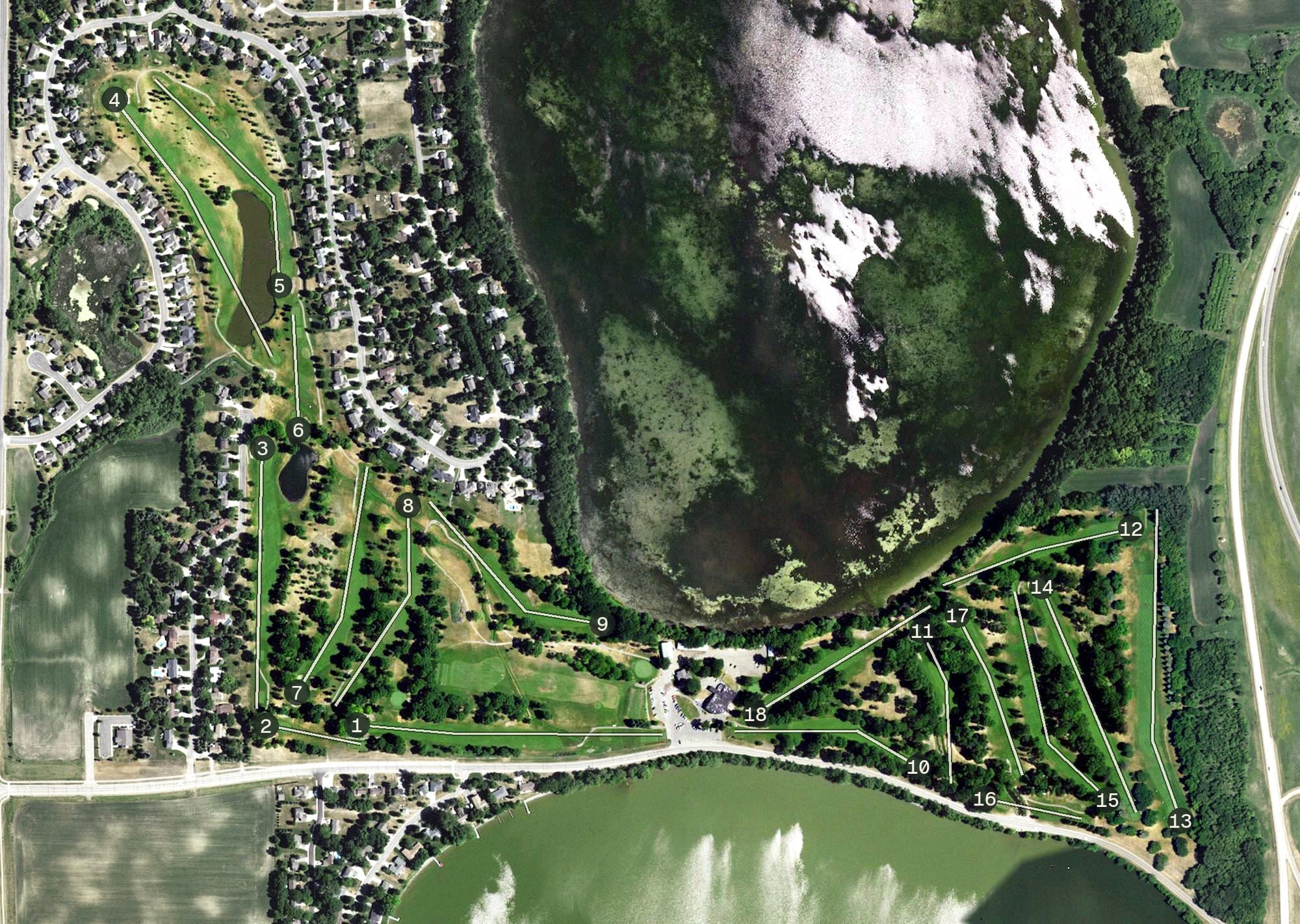 Aerial view of Eagle Creek Golf Club, MN, with its hole routing marked