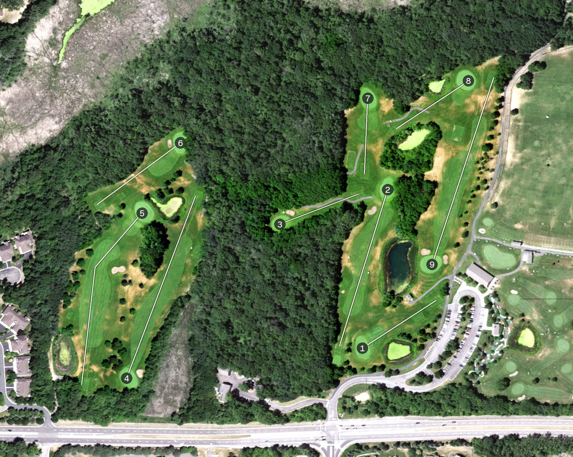 Aerial view of Eagle Lake - Eagle Course, MN, with its hole routing marked