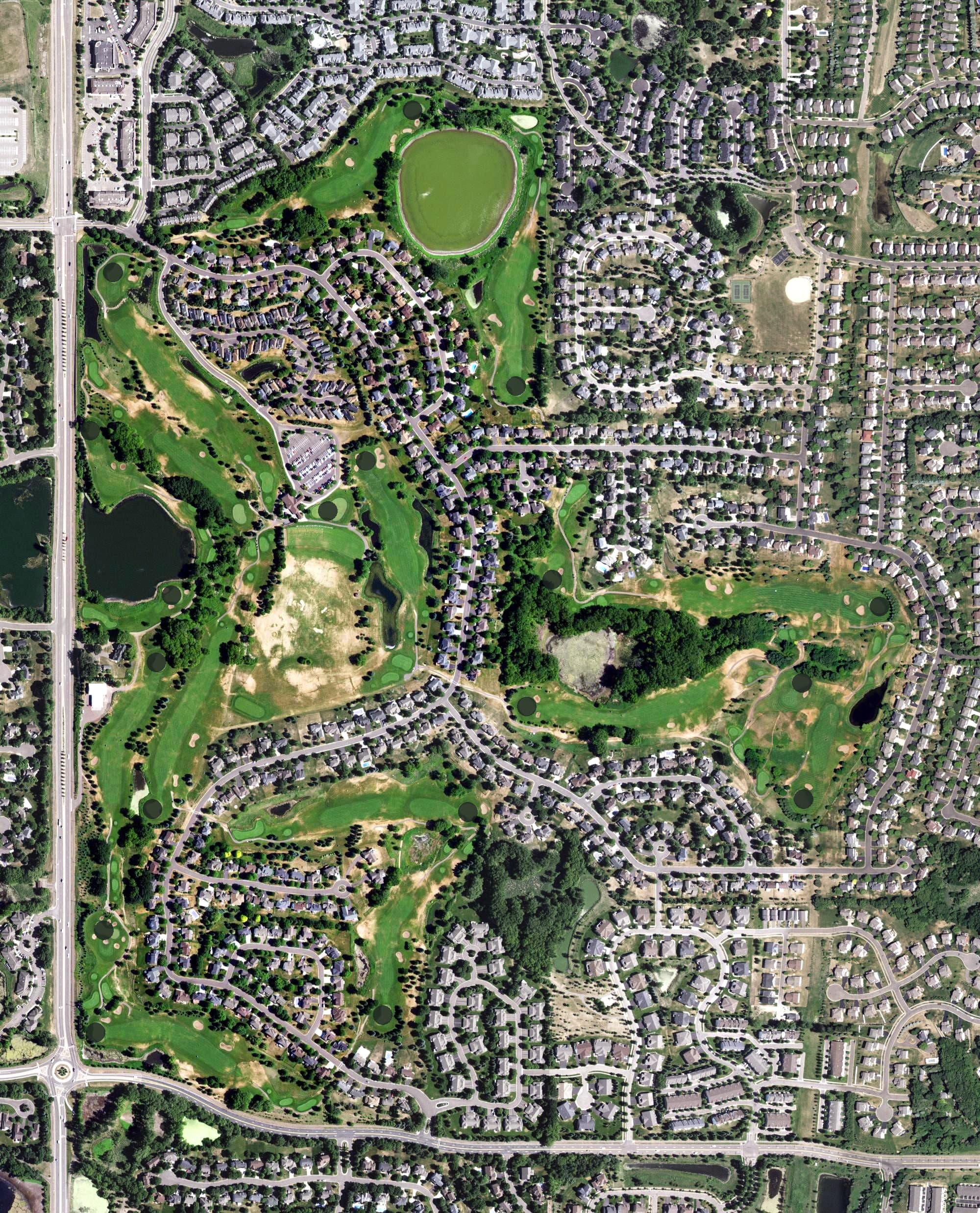 Aerial view of Eagle Valley Golf Course, MN, with its hole routing marked