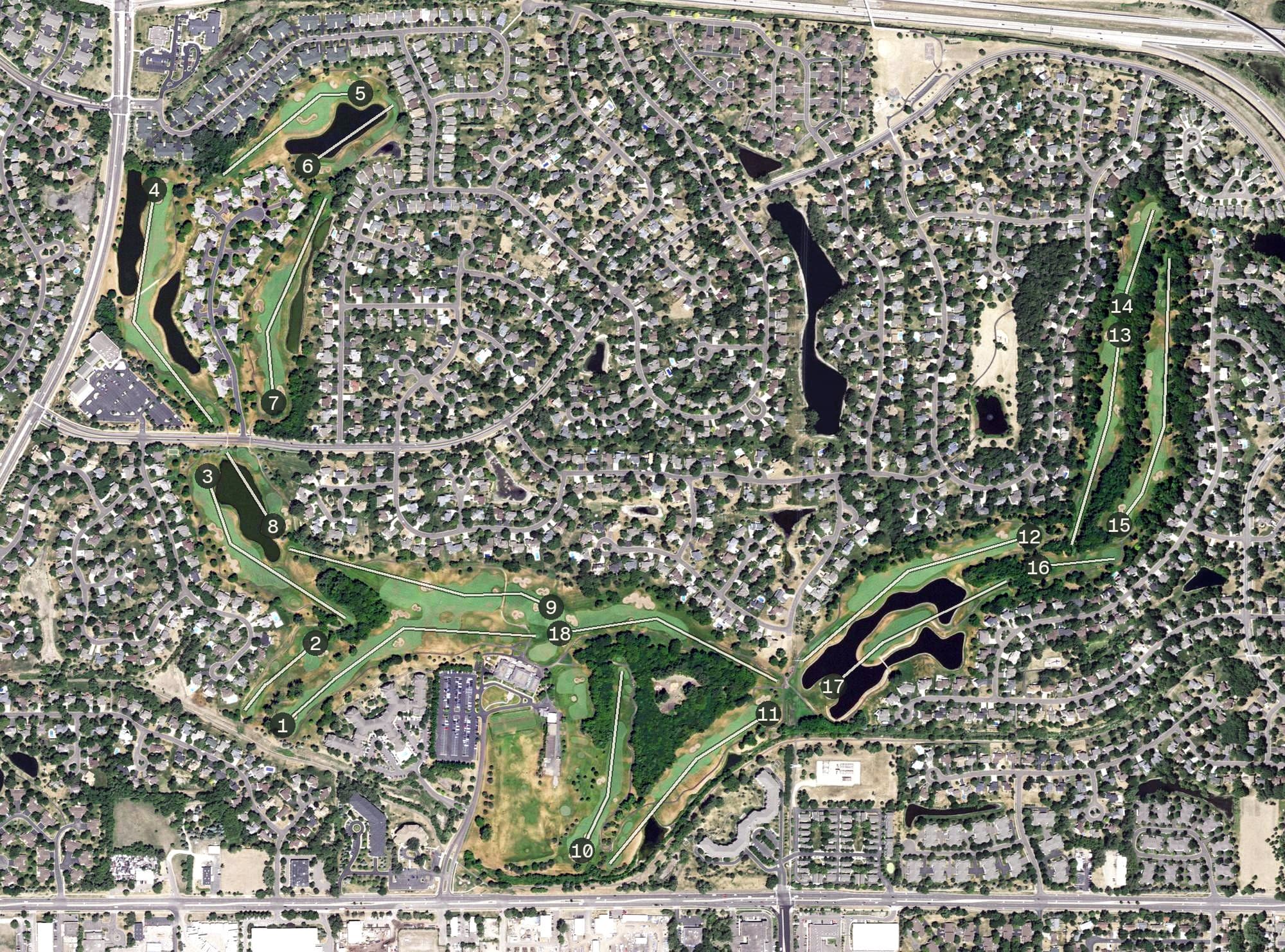 Aerial view of Edinburgh USA, MN, with its hole routing marked