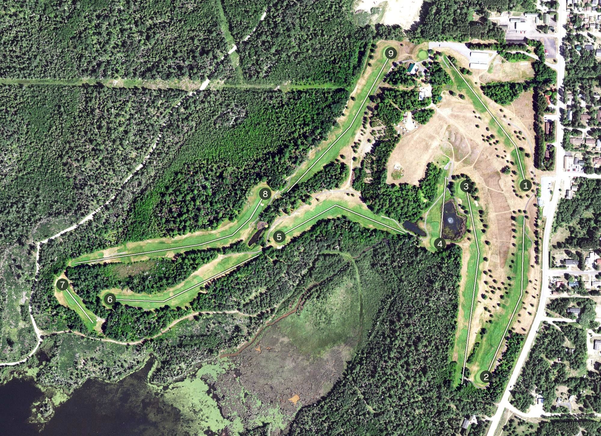 Aerial view of Ely Golf Club, MN, with its hole routing marked