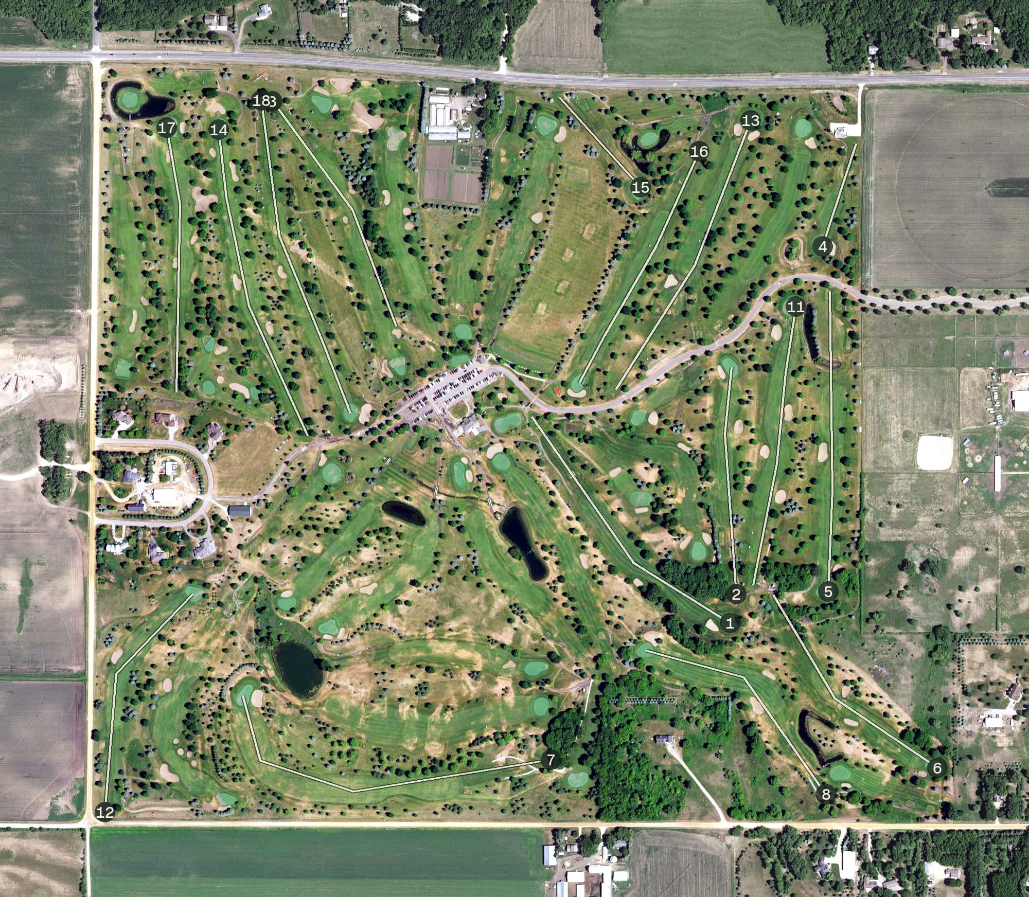 Aerial view of Emerald Greens, MN, with its hole routing marked