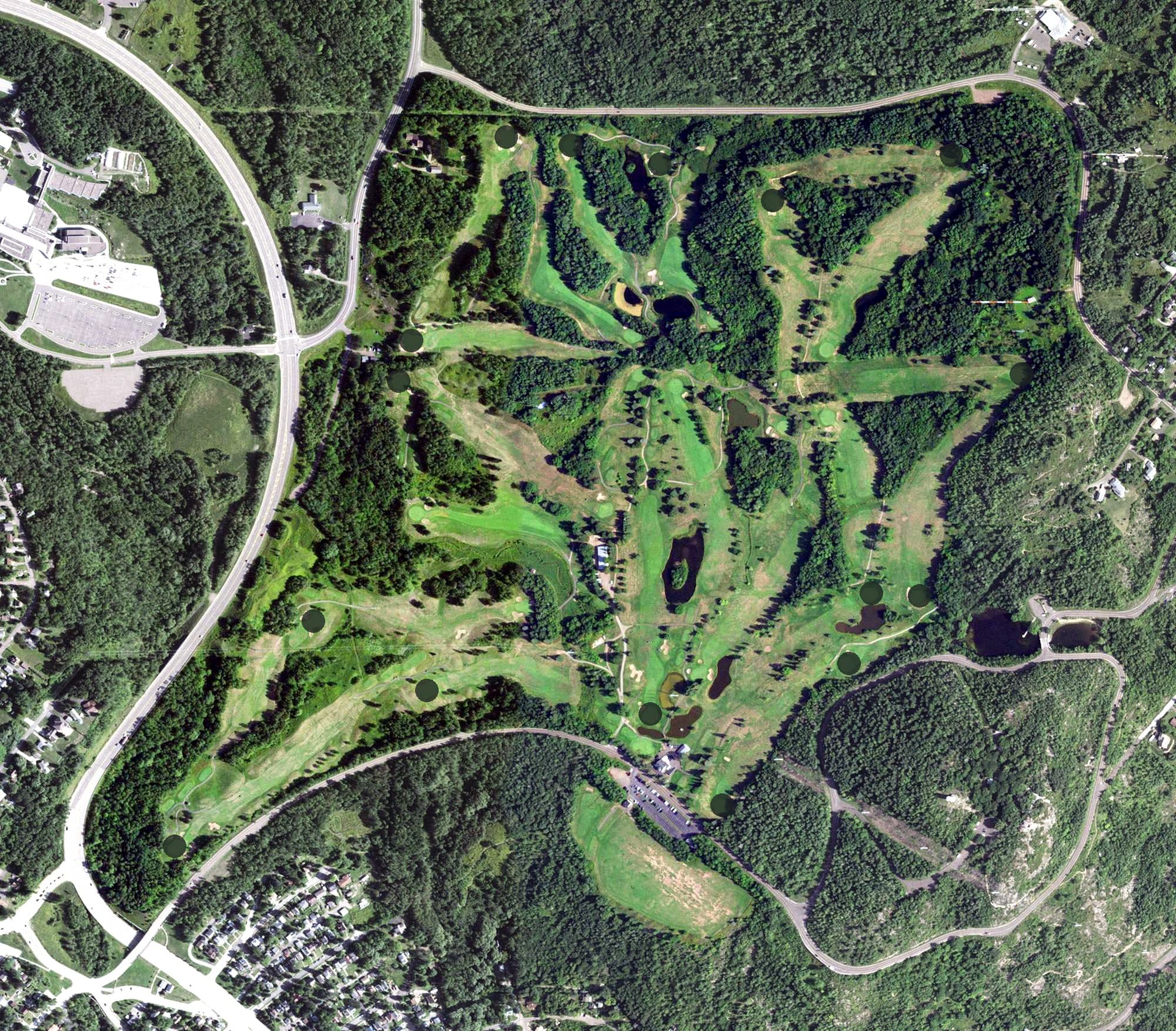 Aerial view of Enger Park Golf Course, MN, with its hole routing marked