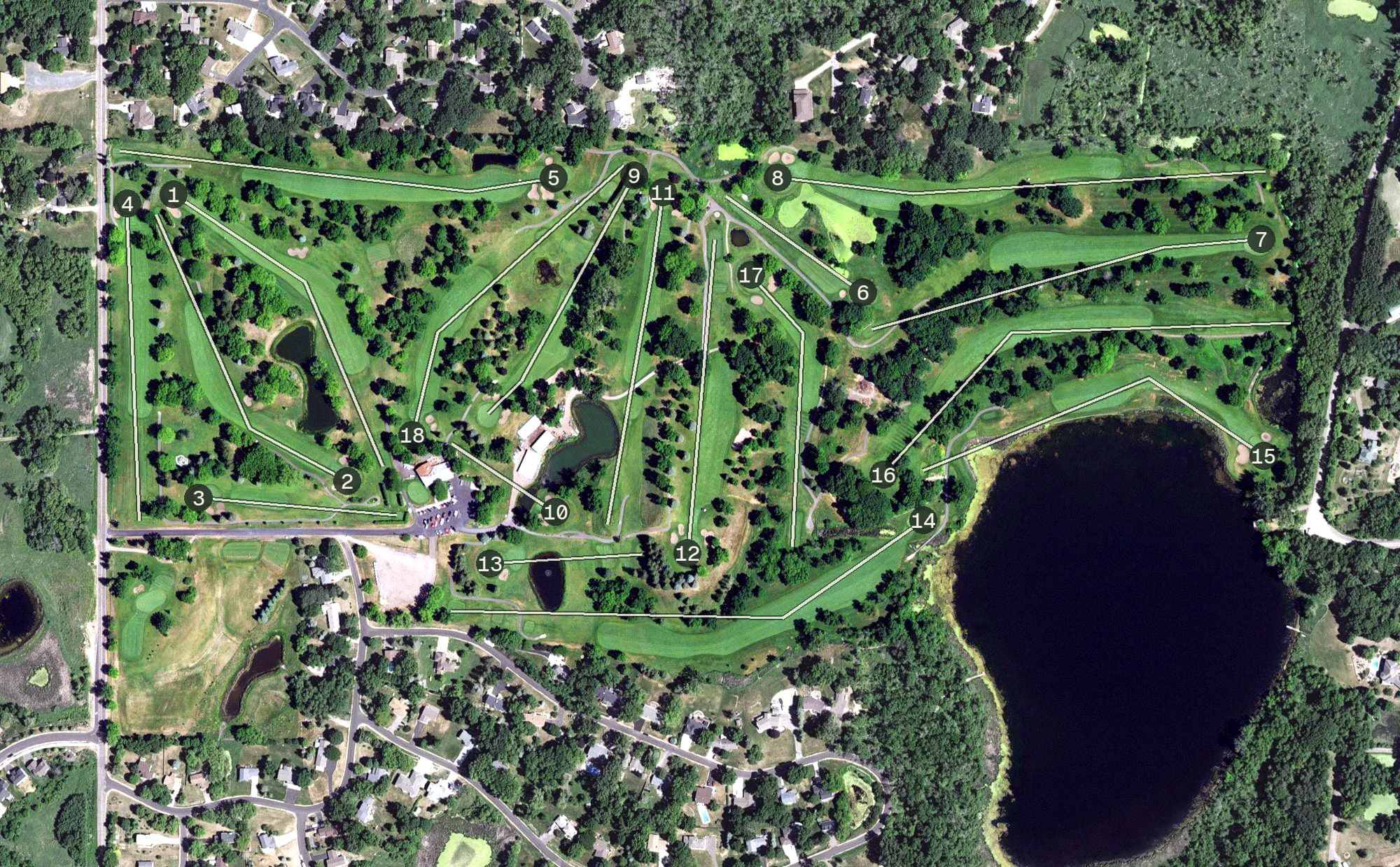 Aerial view of Forest Hills Golf Club, MN, with its hole routing marked