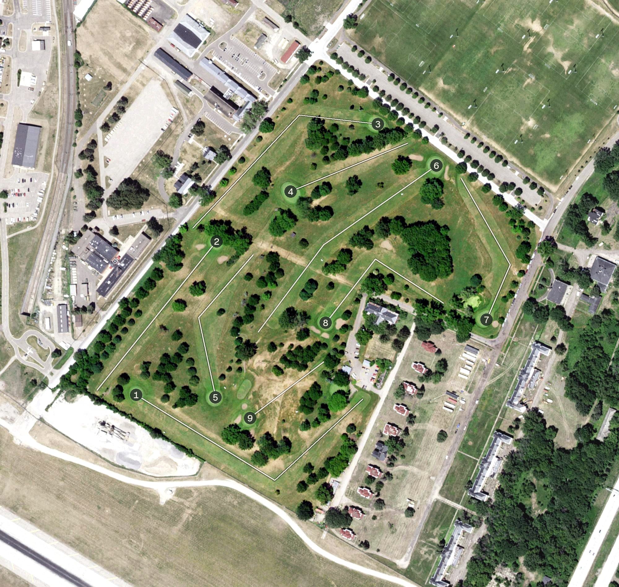 Aerial view of Fort Snelling Golf Course, MN, with its hole routing marked