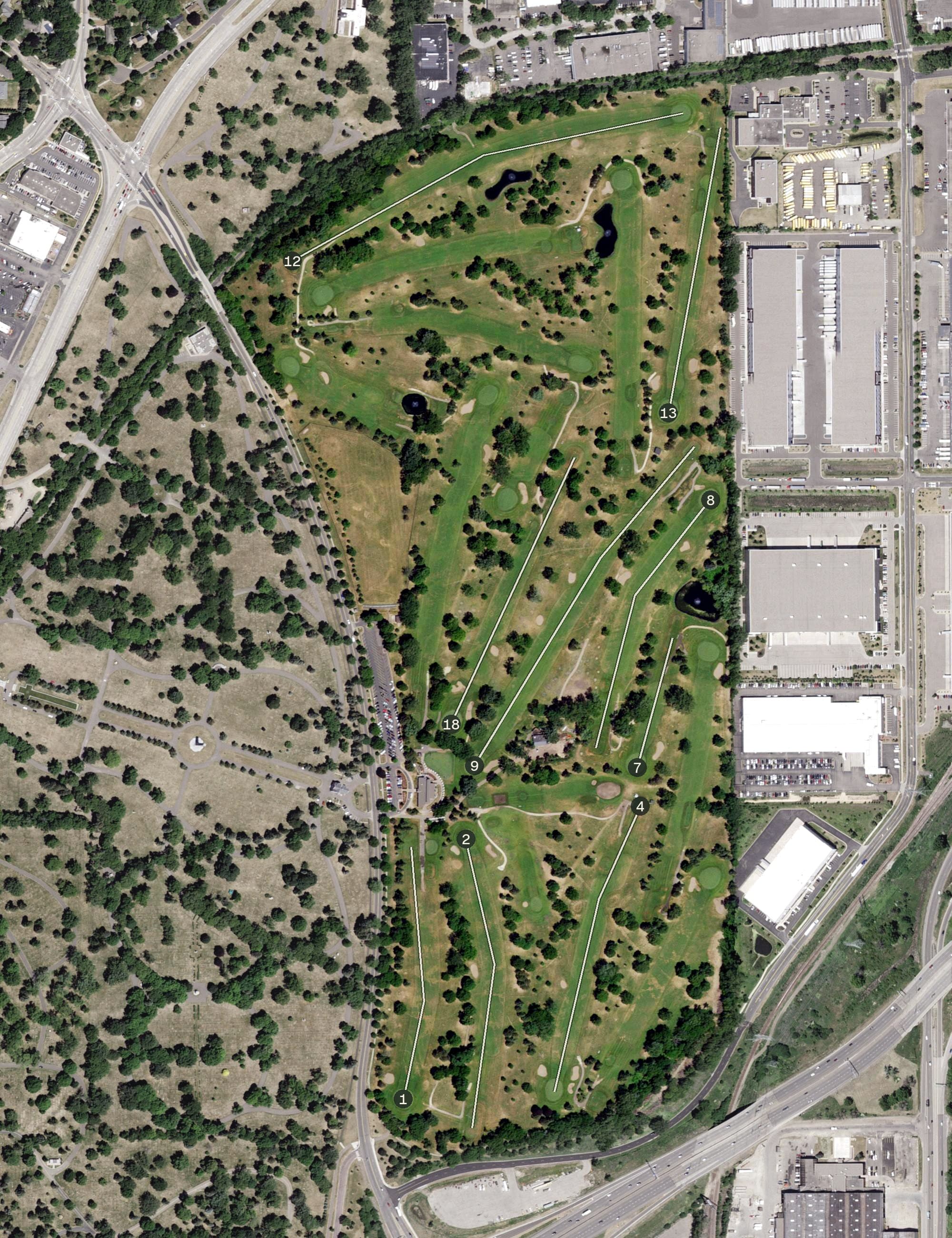Aerial view of Francis Gross Golf Course, MN, with its hole routing marked