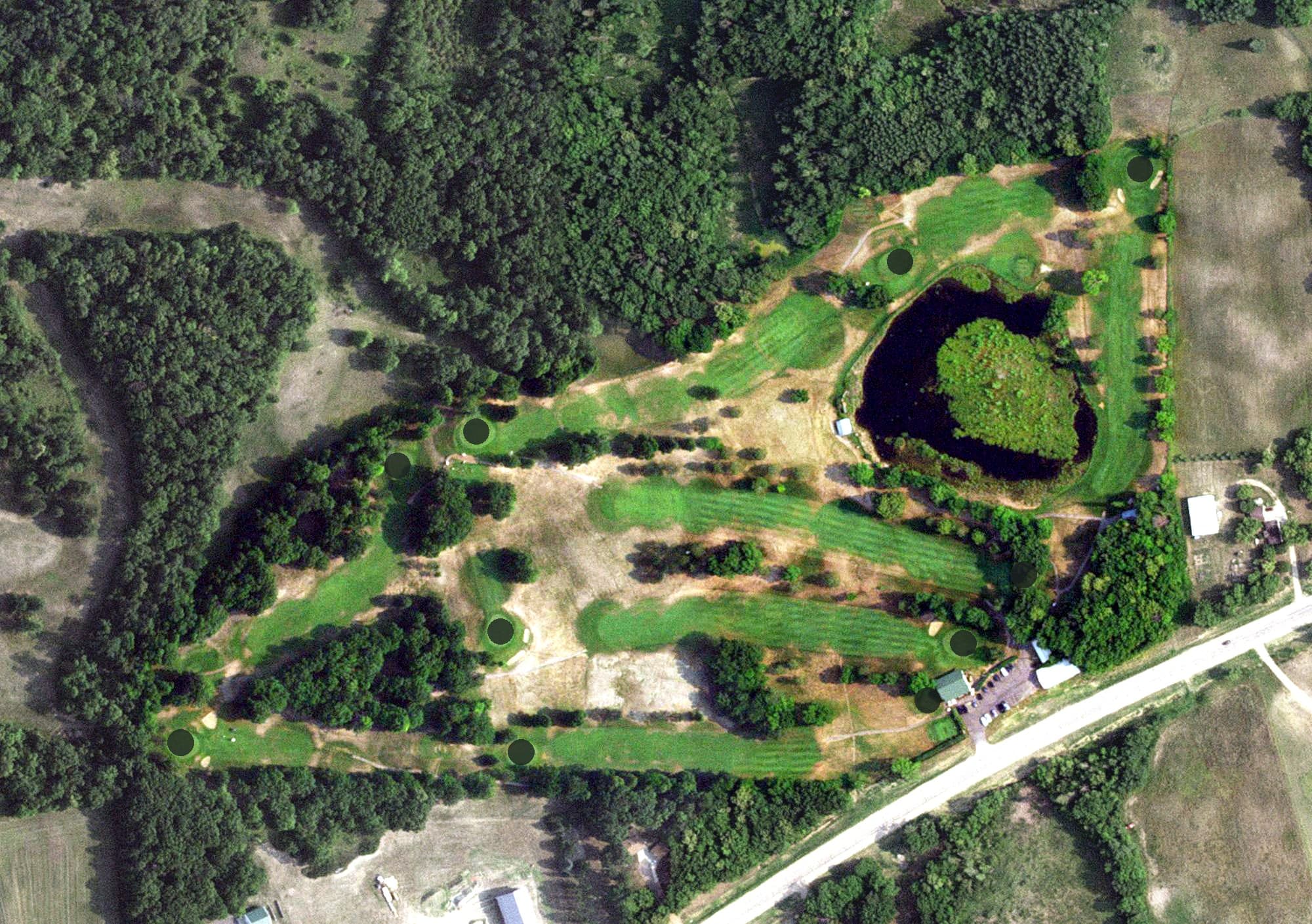 Aerial view of Frazee Golf Course, MN, with its hole routing marked