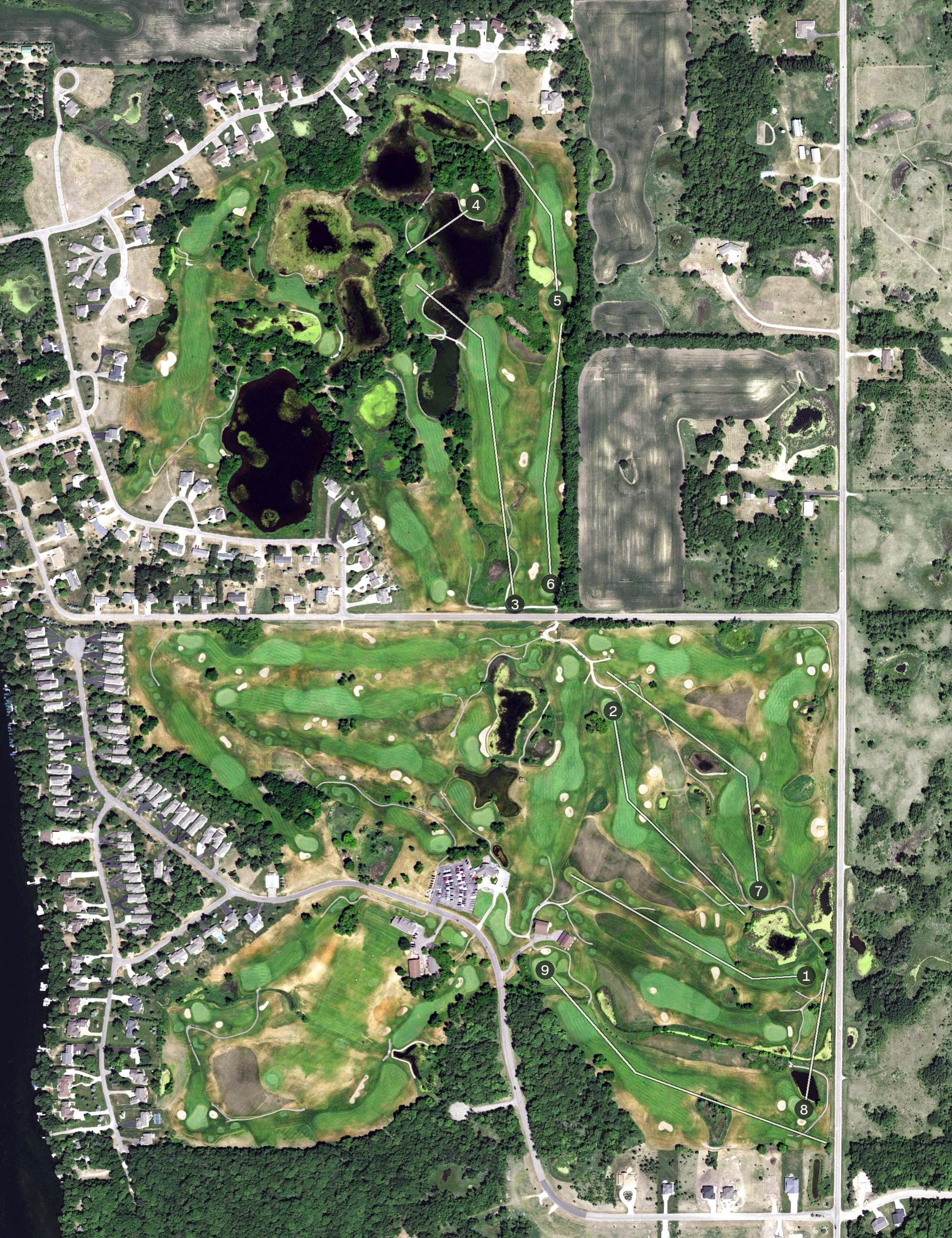 Aerial view of Geneva Golf Club, MN, with its hole routing marked