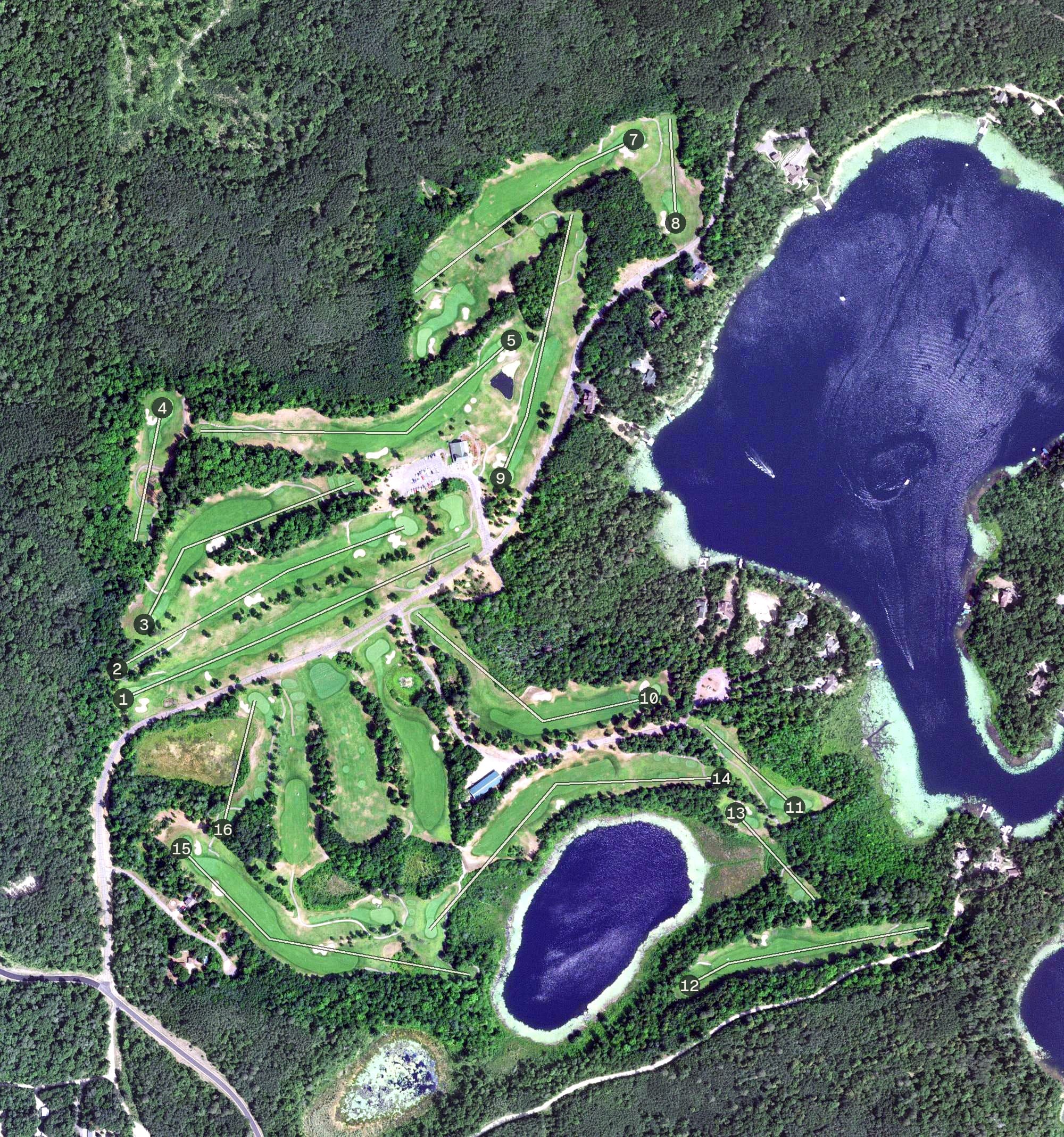 Aerial view of Golden Eagle Golf Club, MN, with its hole routing marked
