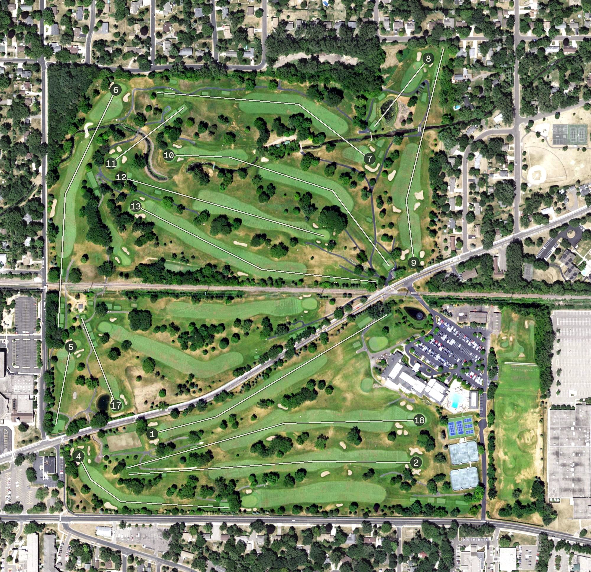 Aerial view of Golden Valley Country Club, MN, with its hole routing marked