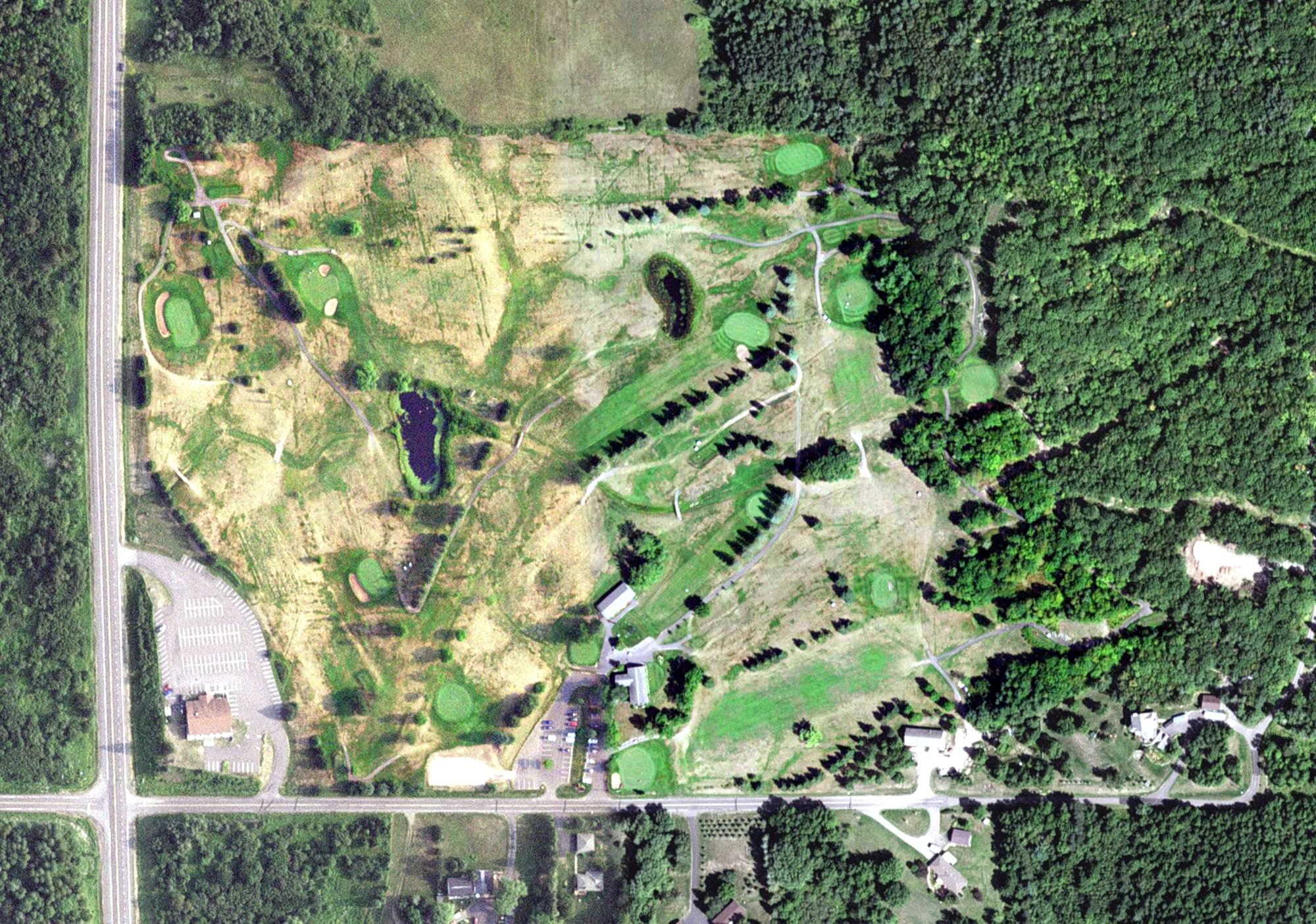 Aerial view of Grandview Country Club, MN, with its hole routing marked