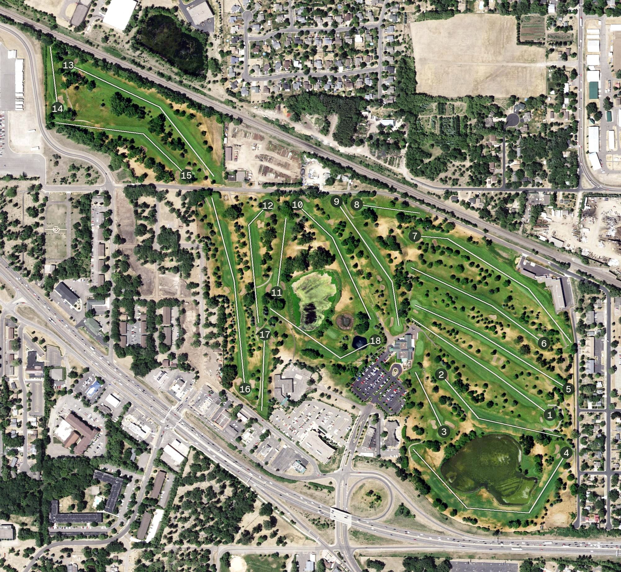 Aerial view of Green Haven Golf Course, MN, with its hole routing marked