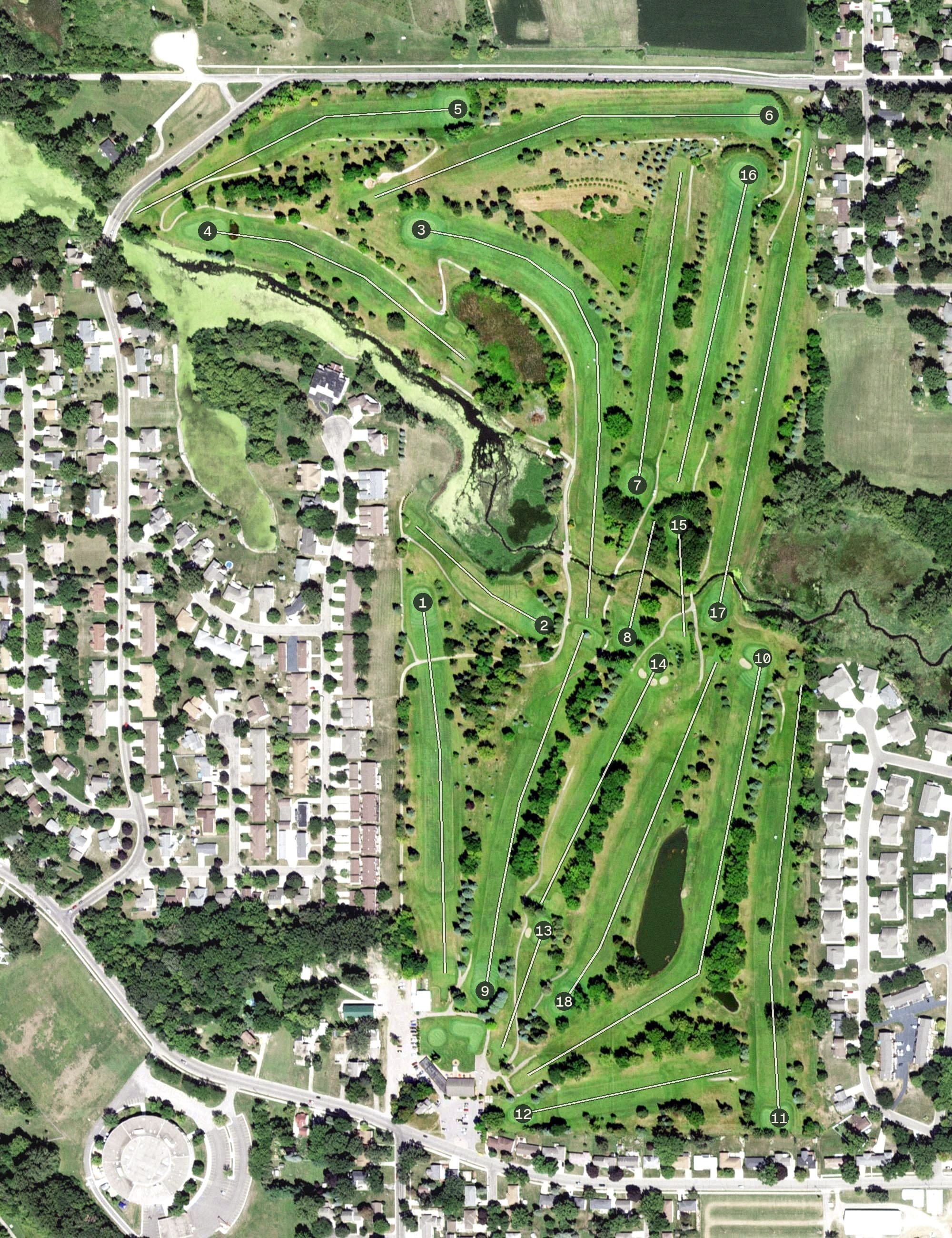 Aerial view of Green Lea Golf Course, MN, with its hole routing marked