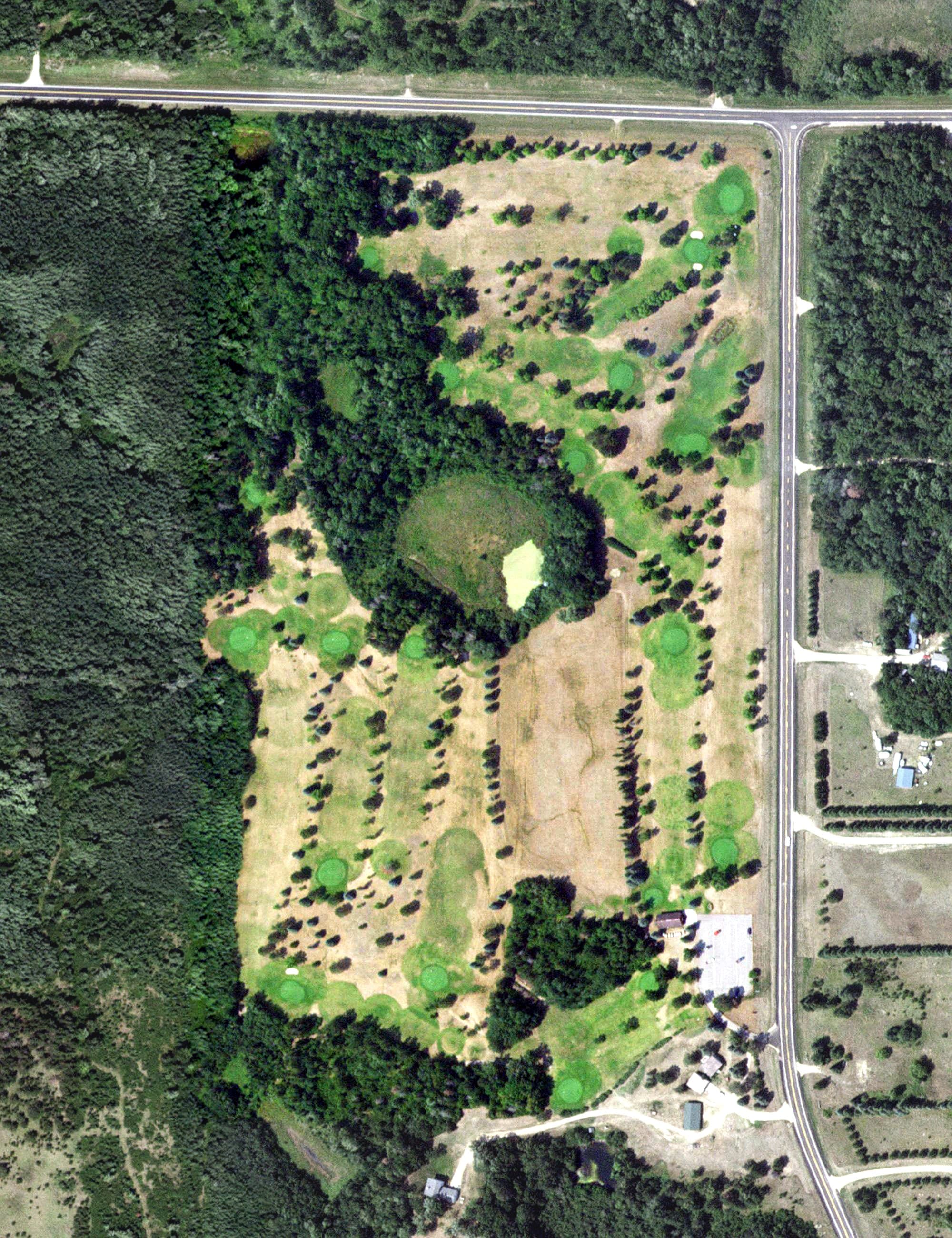 Aerial view of Greenwood Golf Course, MN, with its hole routing marked