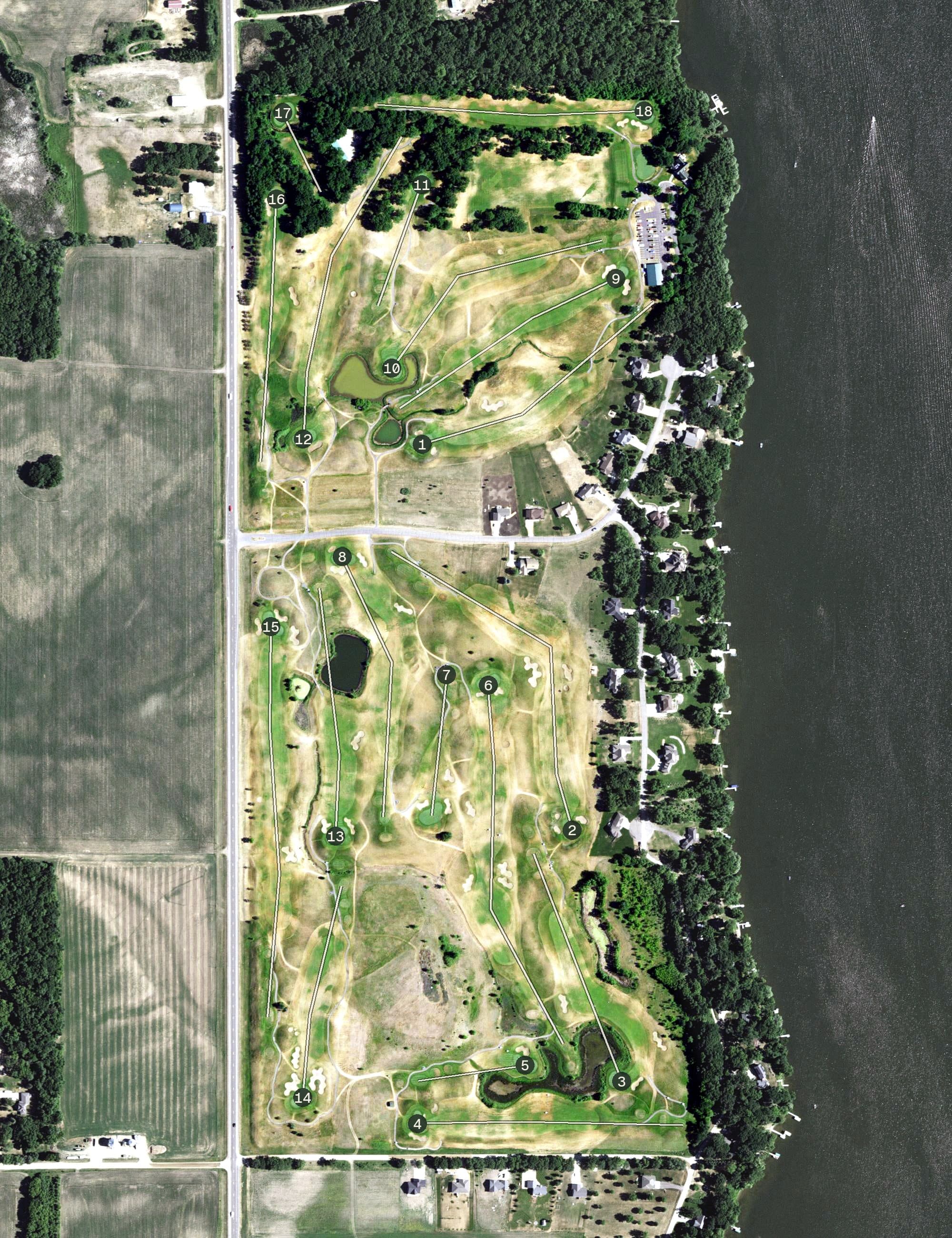 Aerial view of GreyStone Golf Club, MN, with its hole routing marked
