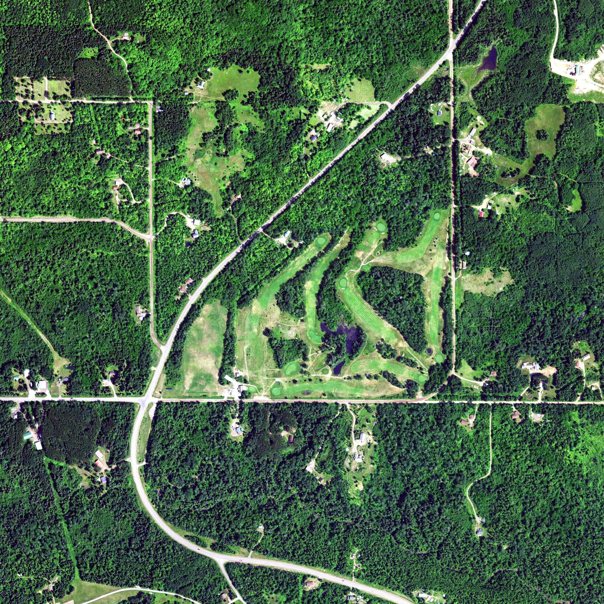 Aerial view of Gunflint Hills Golf Course, MN, with its hole routing marked