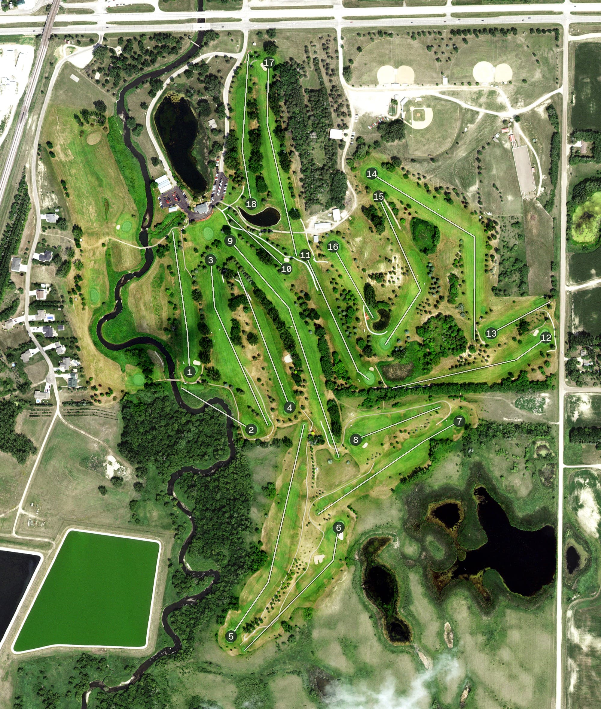 Aerial view of Hawley Golf and Country Club, MN, with its hole routing marked