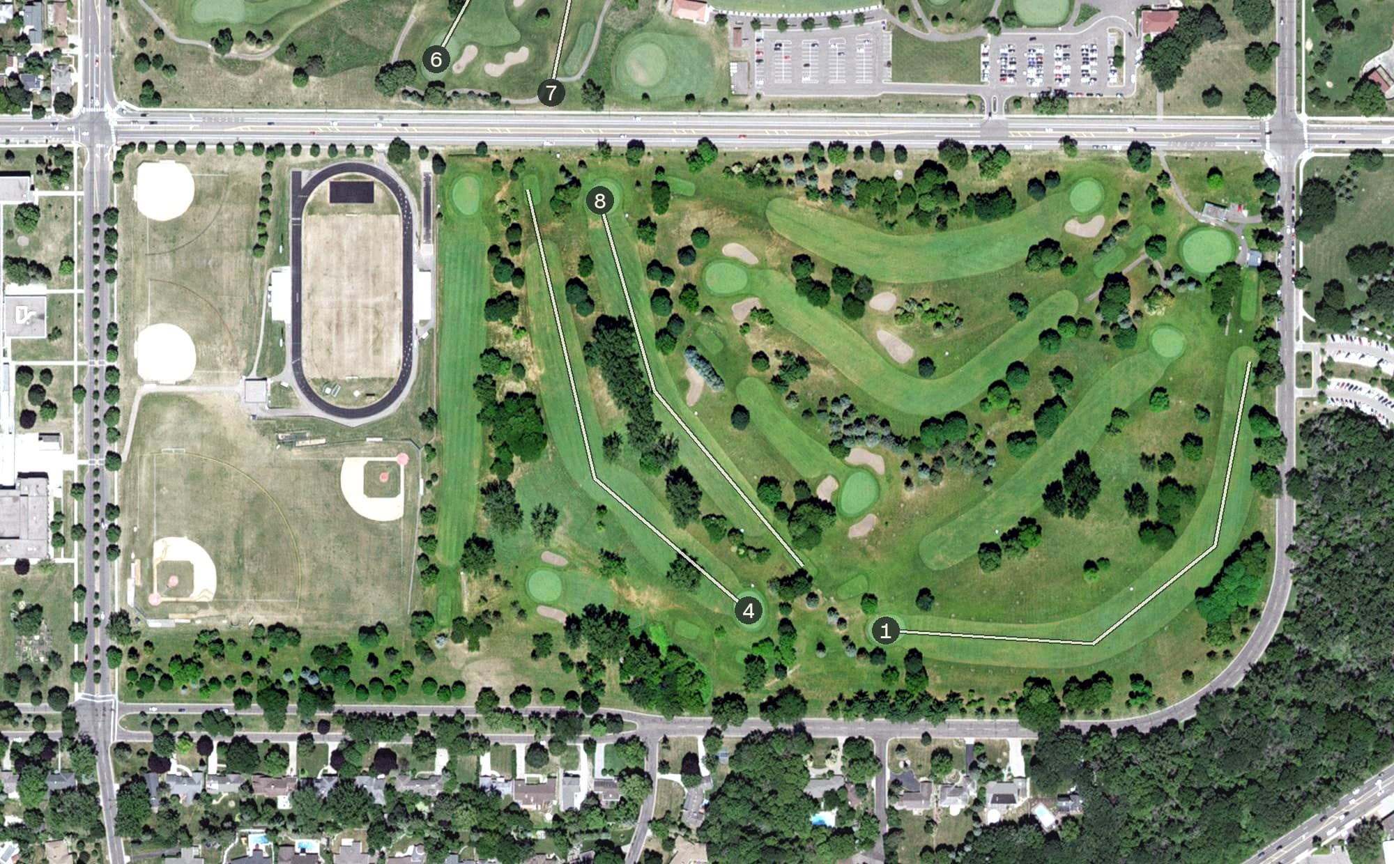 Aerial view of Highland 9 Hole Golf Course, MN, with its hole routing marked
