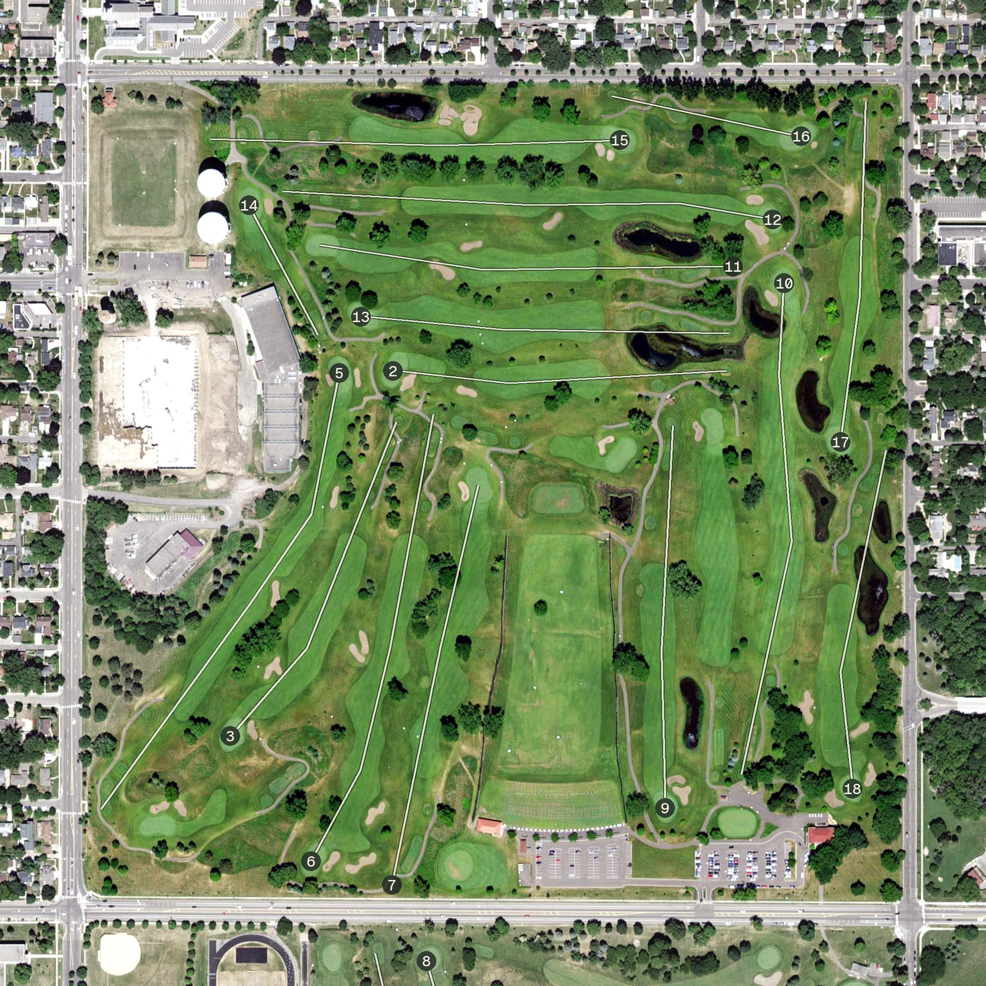 Aerial view of Highland National Golf Course, MN, with its hole routing marked