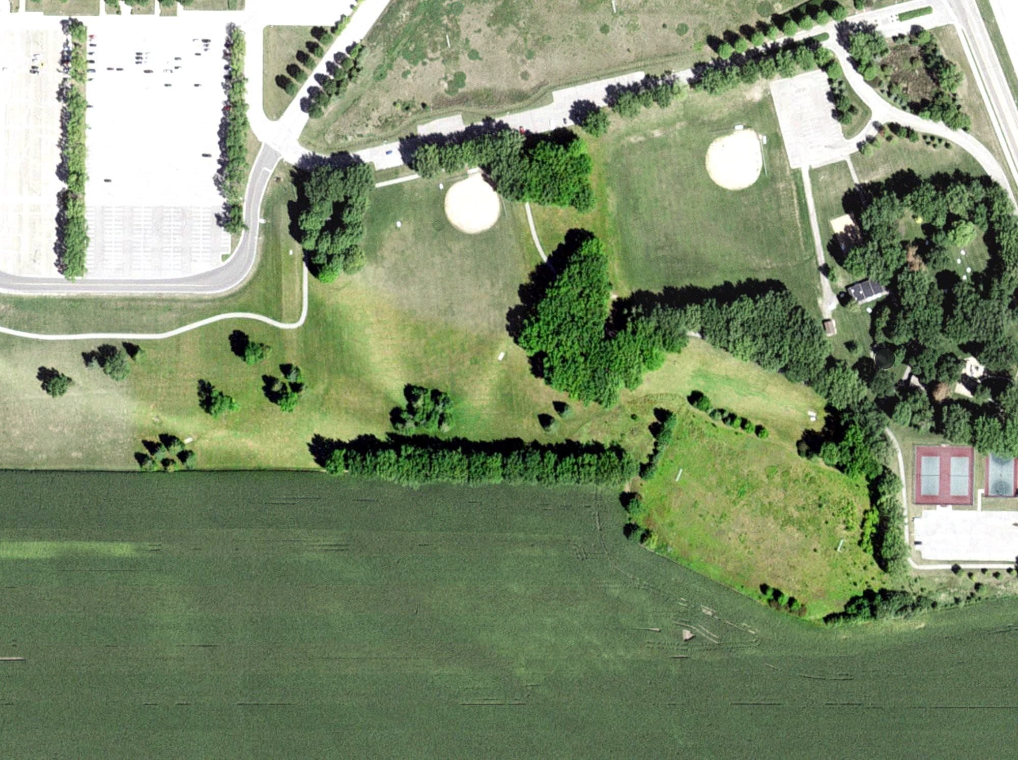 Aerial view of IBM Disc Golf Course, MN, with its hole routing marked