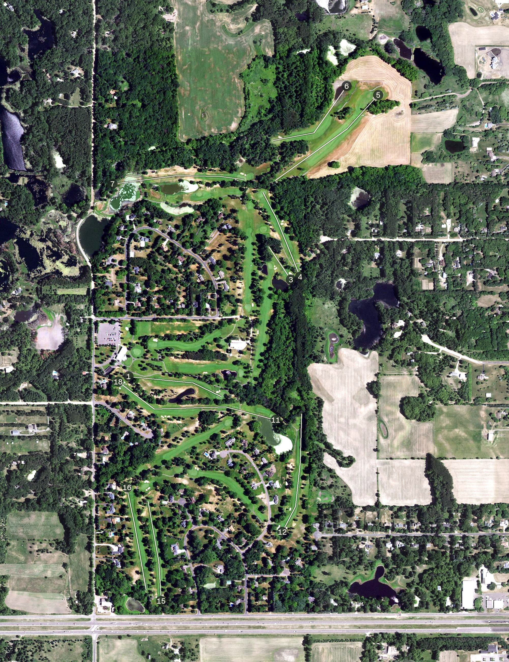 Aerial view of Indian Hills Golf Club, MN, with its hole routing marked