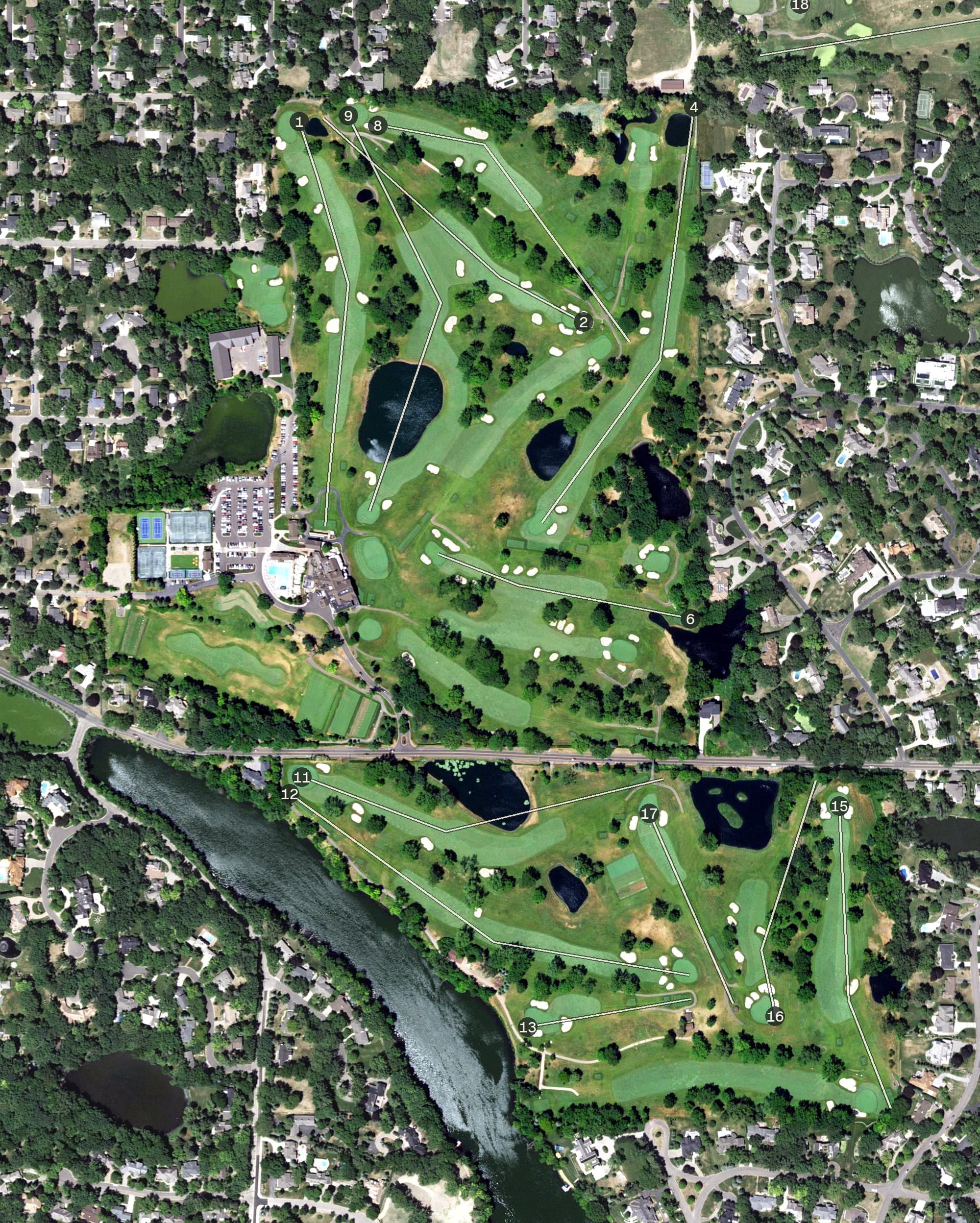 Aerial view of Interlachen Country Club, MN, with its hole routing marked