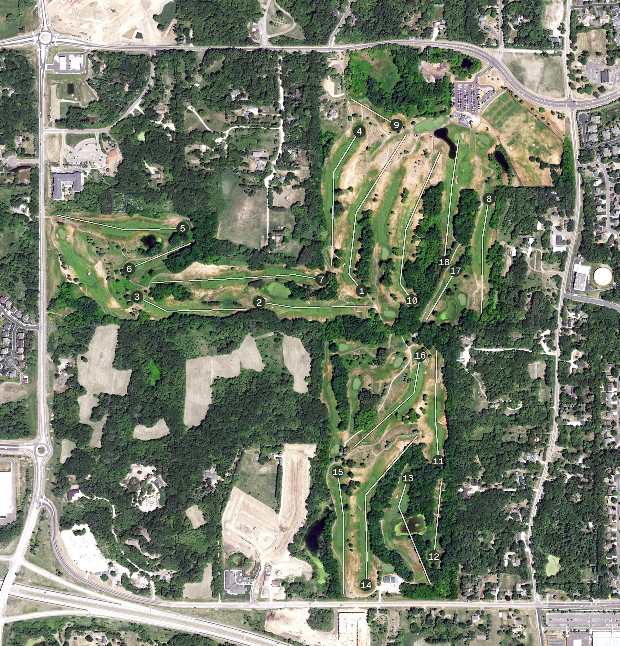 Aerial view of Inver Wood Golf Course, MN, with its hole routing marked