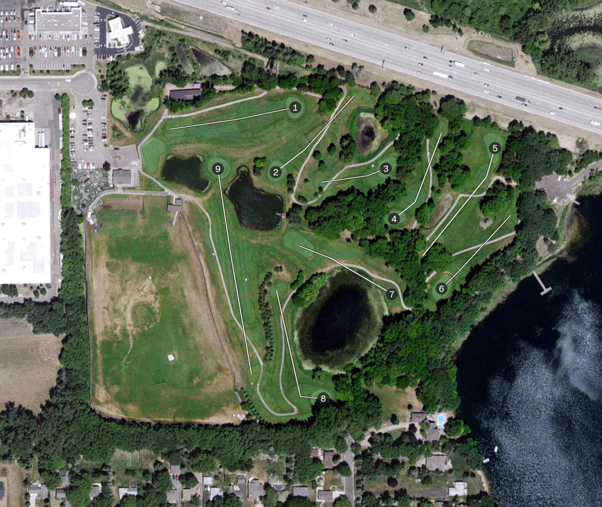Aerial view of Island Lake Golf, MN, with its hole routing marked