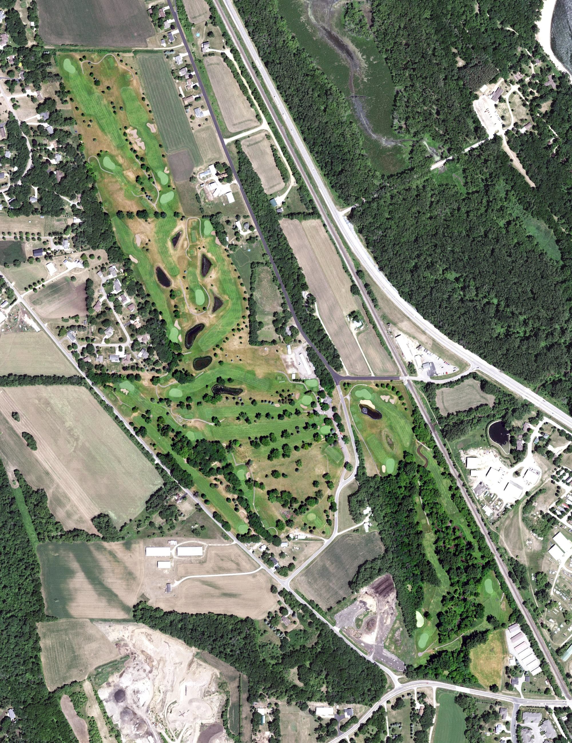 Aerial view of Lake City Golf, MN, with its hole routing marked