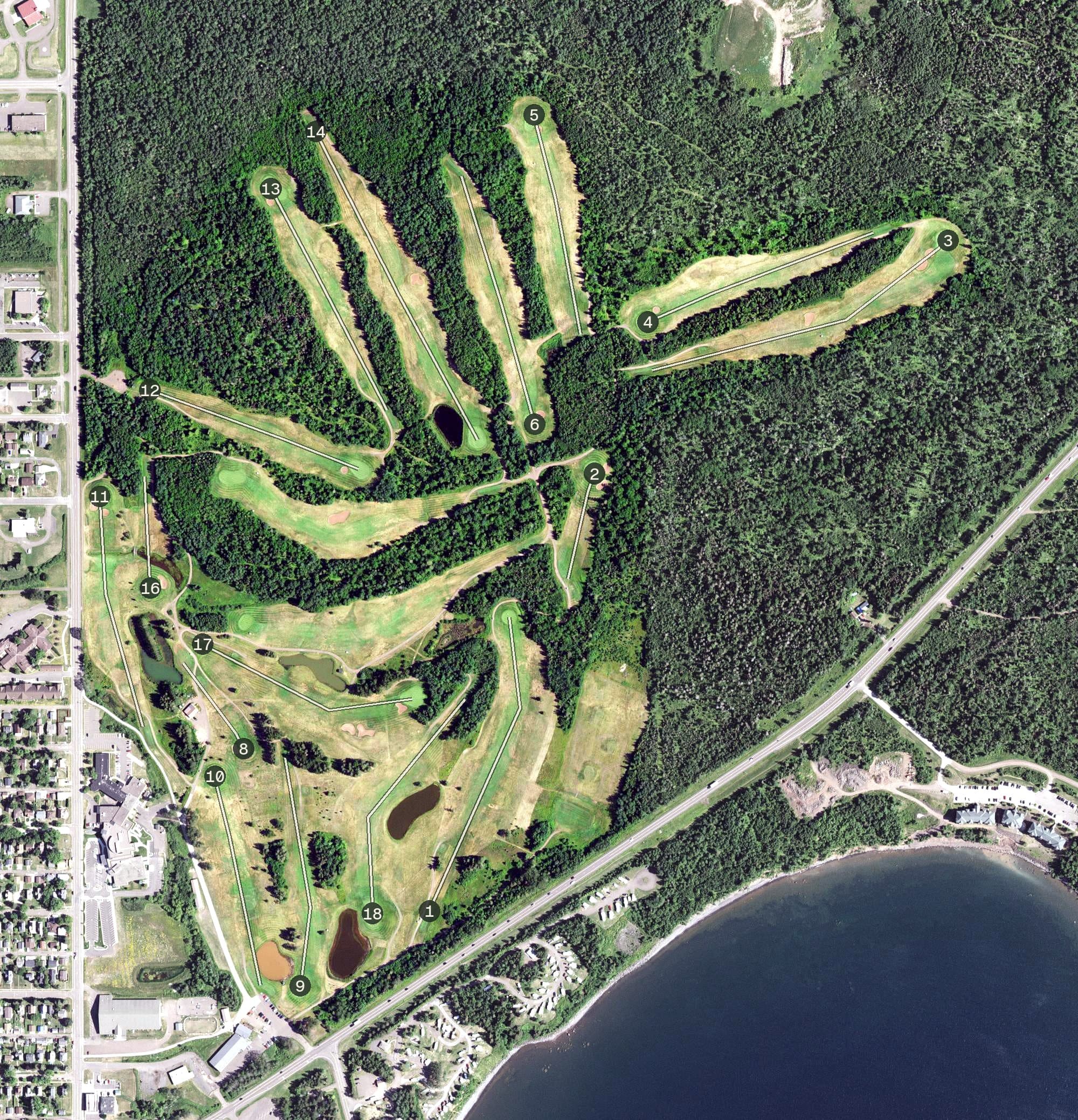 Aerial view of Lake View National Golf Course, MN, with its hole routing marked