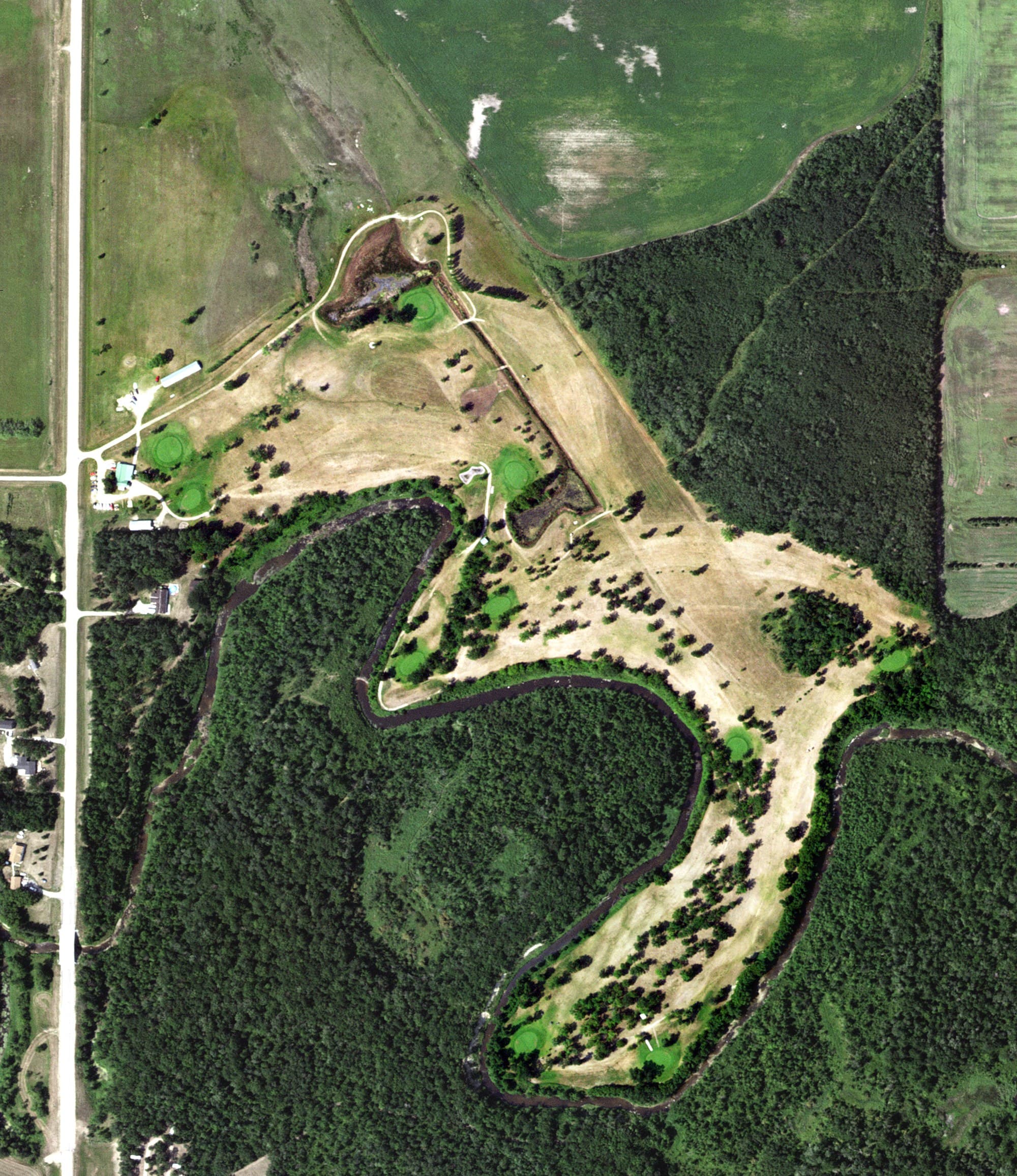 Aerial view of Lancaster Riverside Golf Club, MN, with its hole routing marked