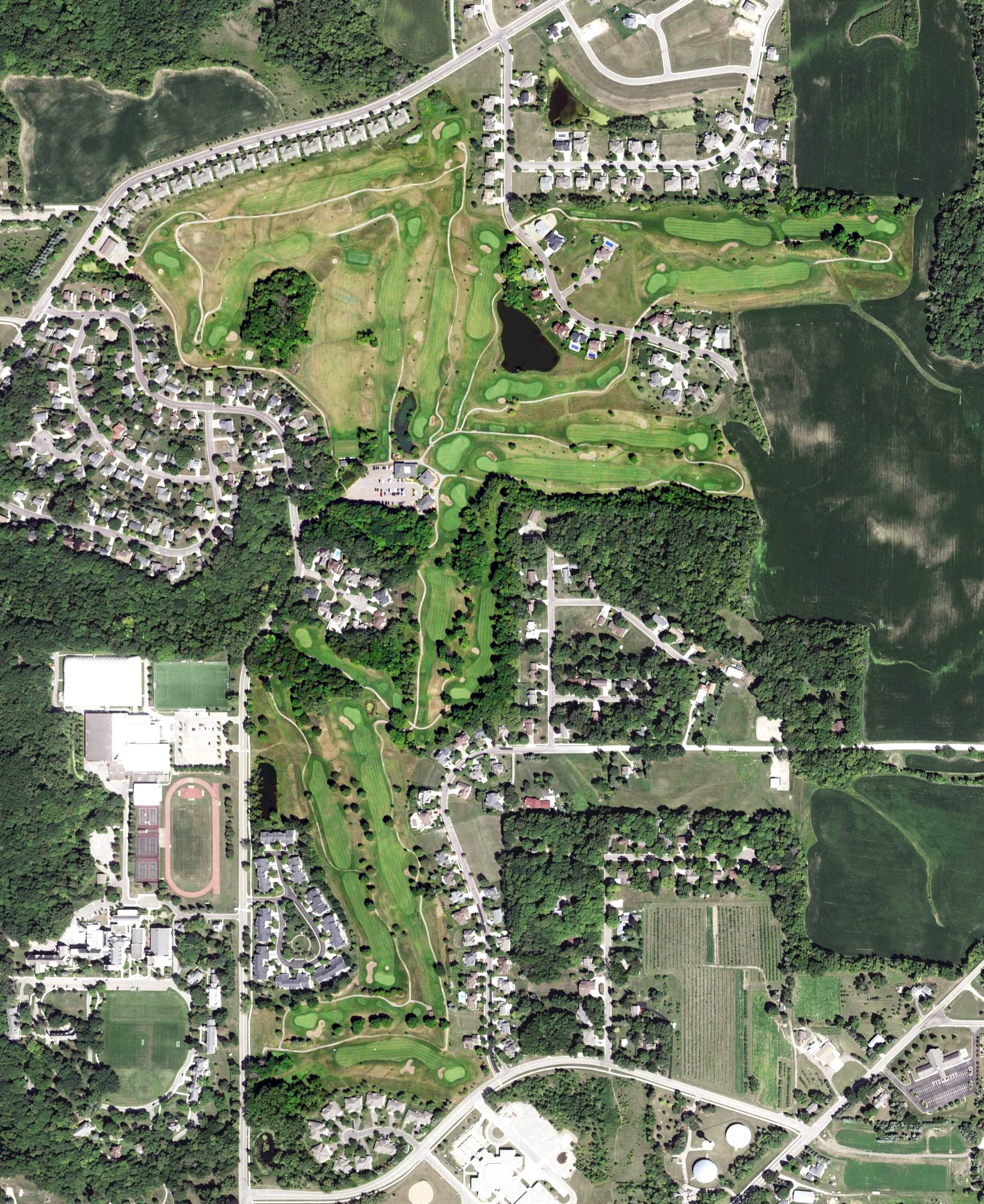 Aerial view of Legacy Golf Course, MN, with its hole routing marked