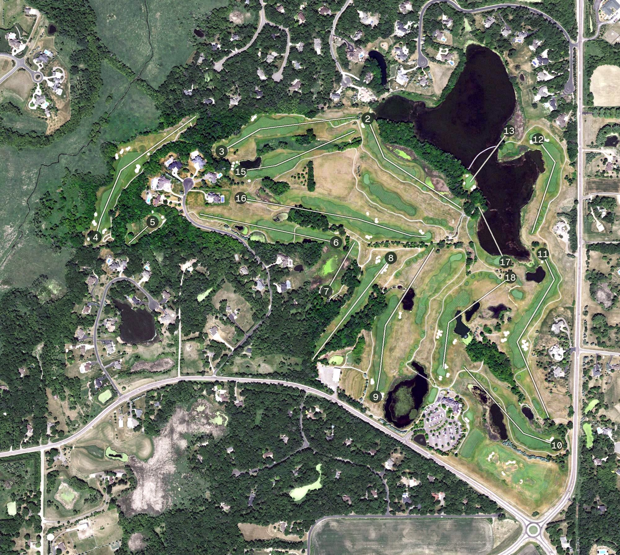 Aerial view of Legends Golf Club, MN, with its hole routing marked
